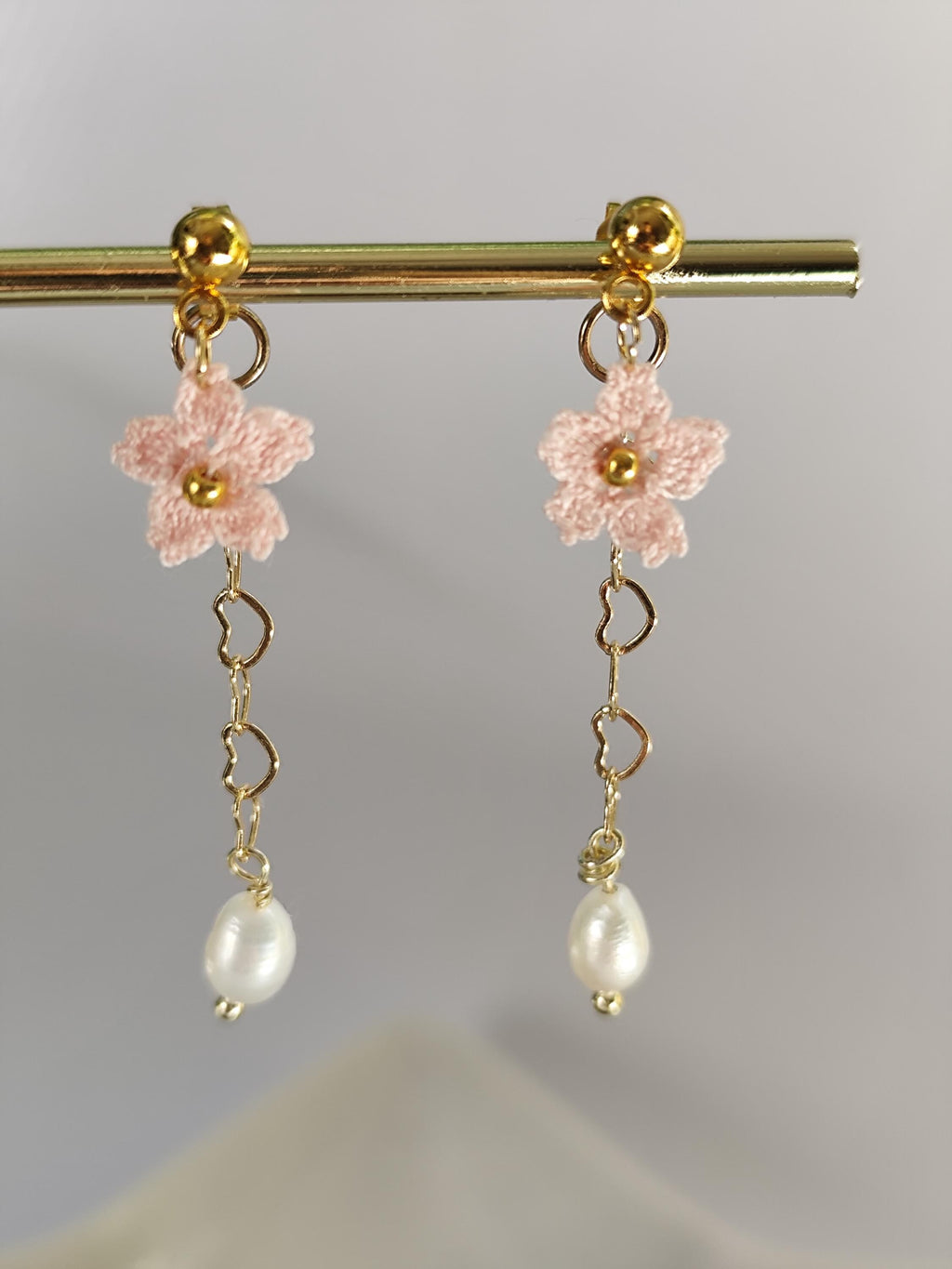 Small Sakura micro crochet earrings and necklace with freshwater pearl set | dainty | bridesmaid jewelry | wedding