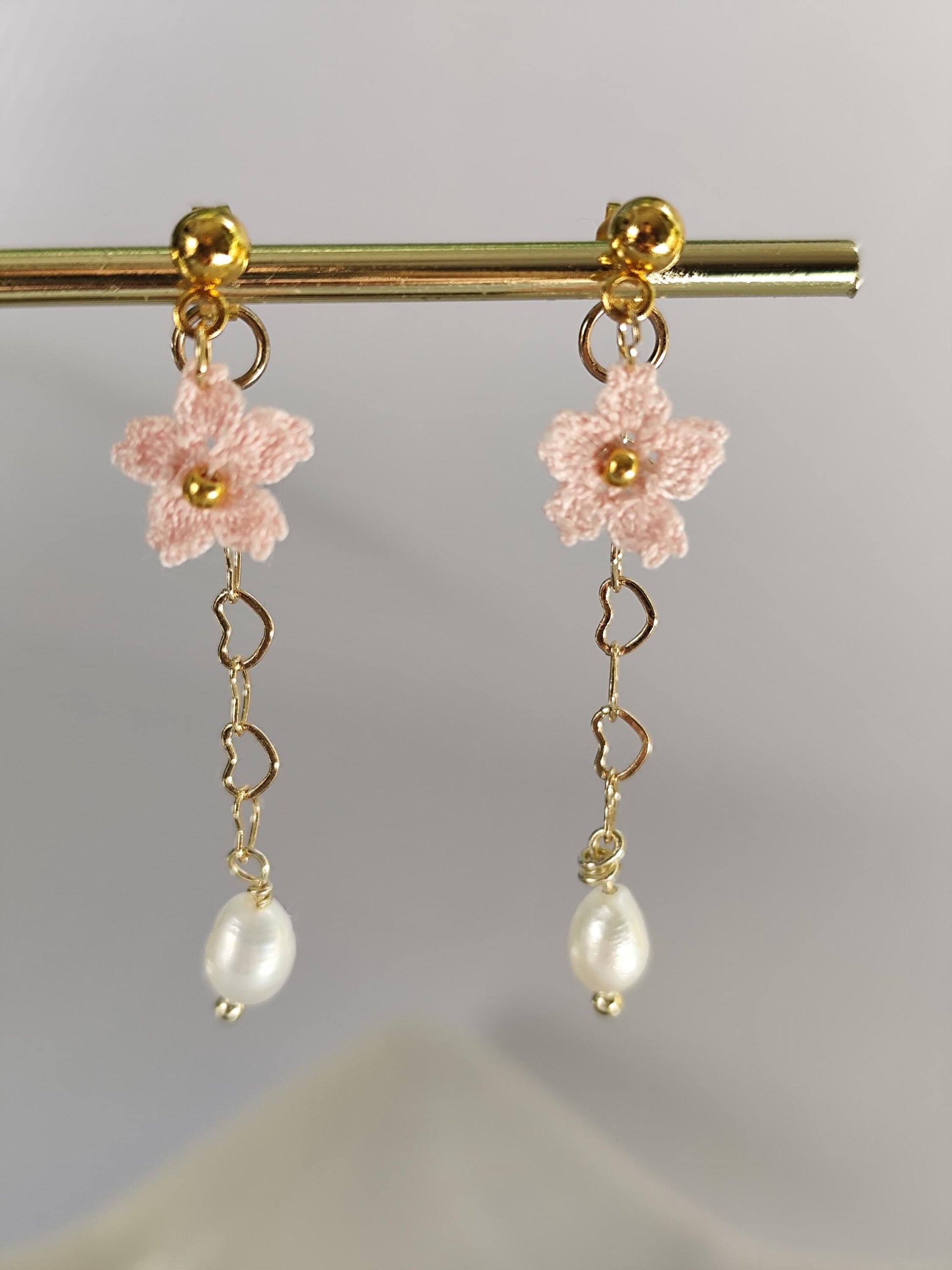 Small Sakura micro crochet earrings and necklace with freshwater pearl set | dainty | bridesmaid jewelry | wedding