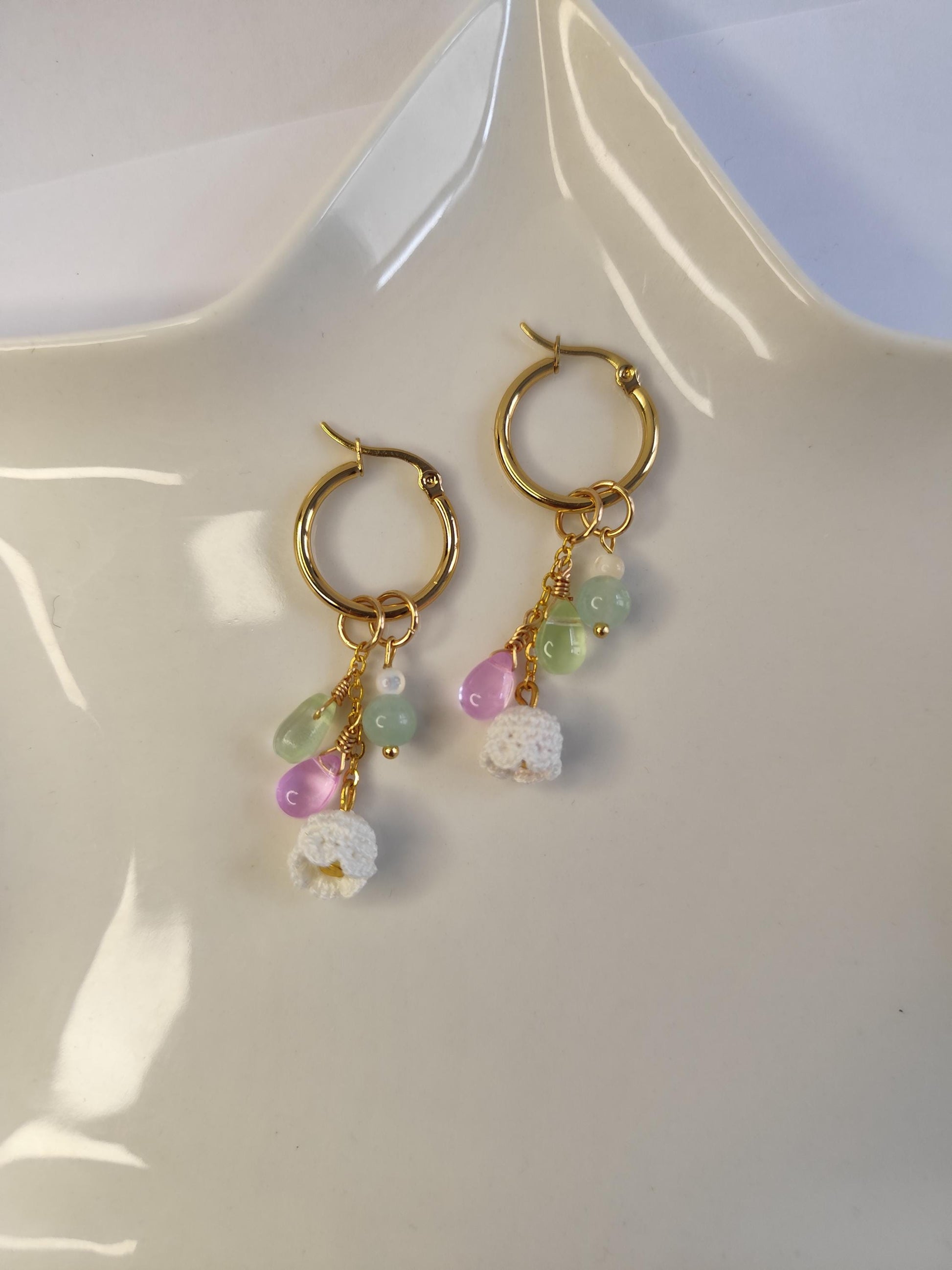 Handmade lily of the valley earrings made from micro crochet and natural stone | delicate | wear every day