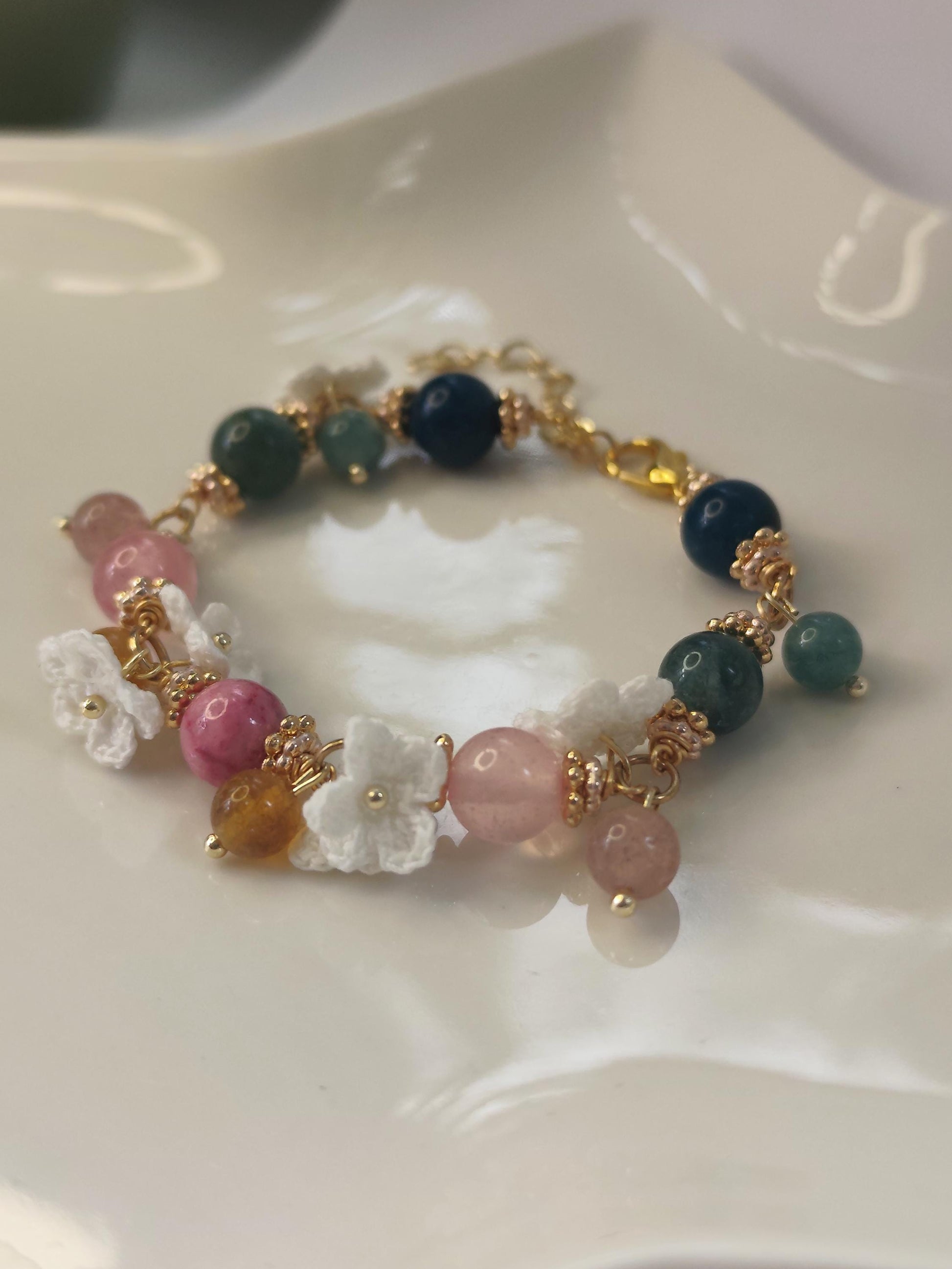 Elowen | Handmade gemstone flower bracelets | Delicate crochet flower jewelry | Elegant gift for her | Romantic boho accessories