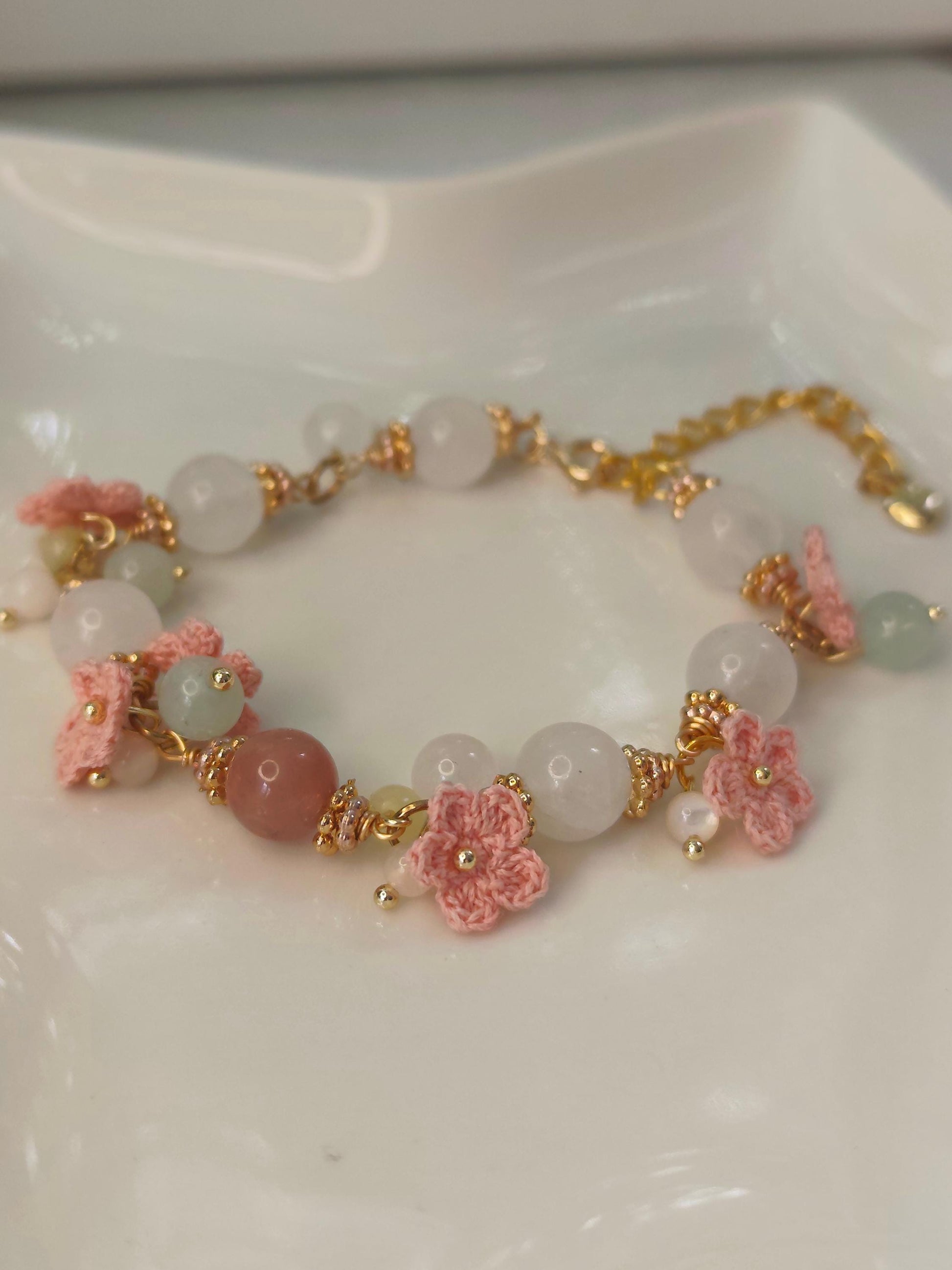 Elaria | Handmade gemstone flower bracelets | Delicate crochet flower jewelry | Elegant gift for her | Romantic boho accessories
