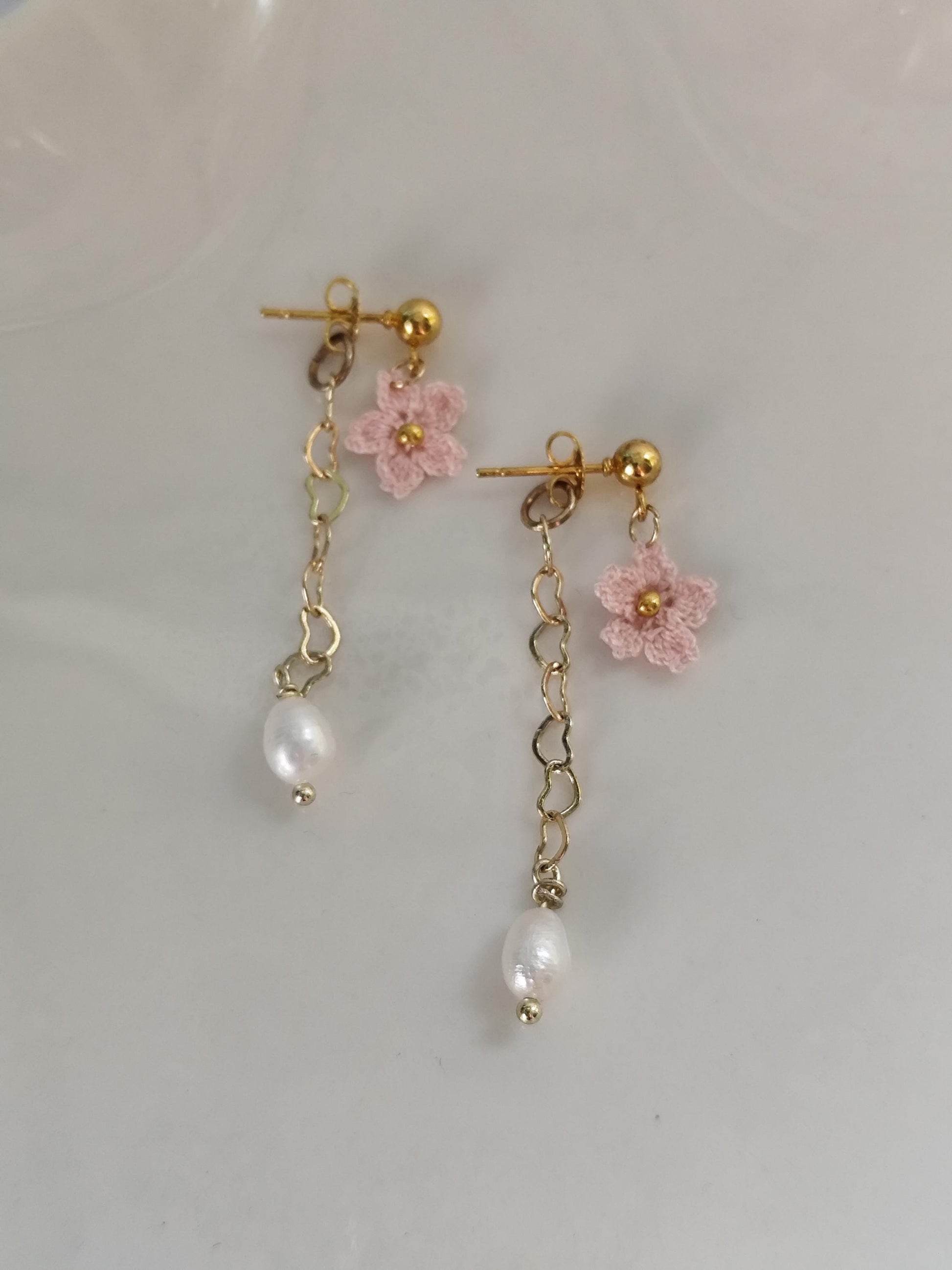 Small Sakura micro crochet earrings and necklace with freshwater pearl set | dainty | bridesmaid jewelry | wedding