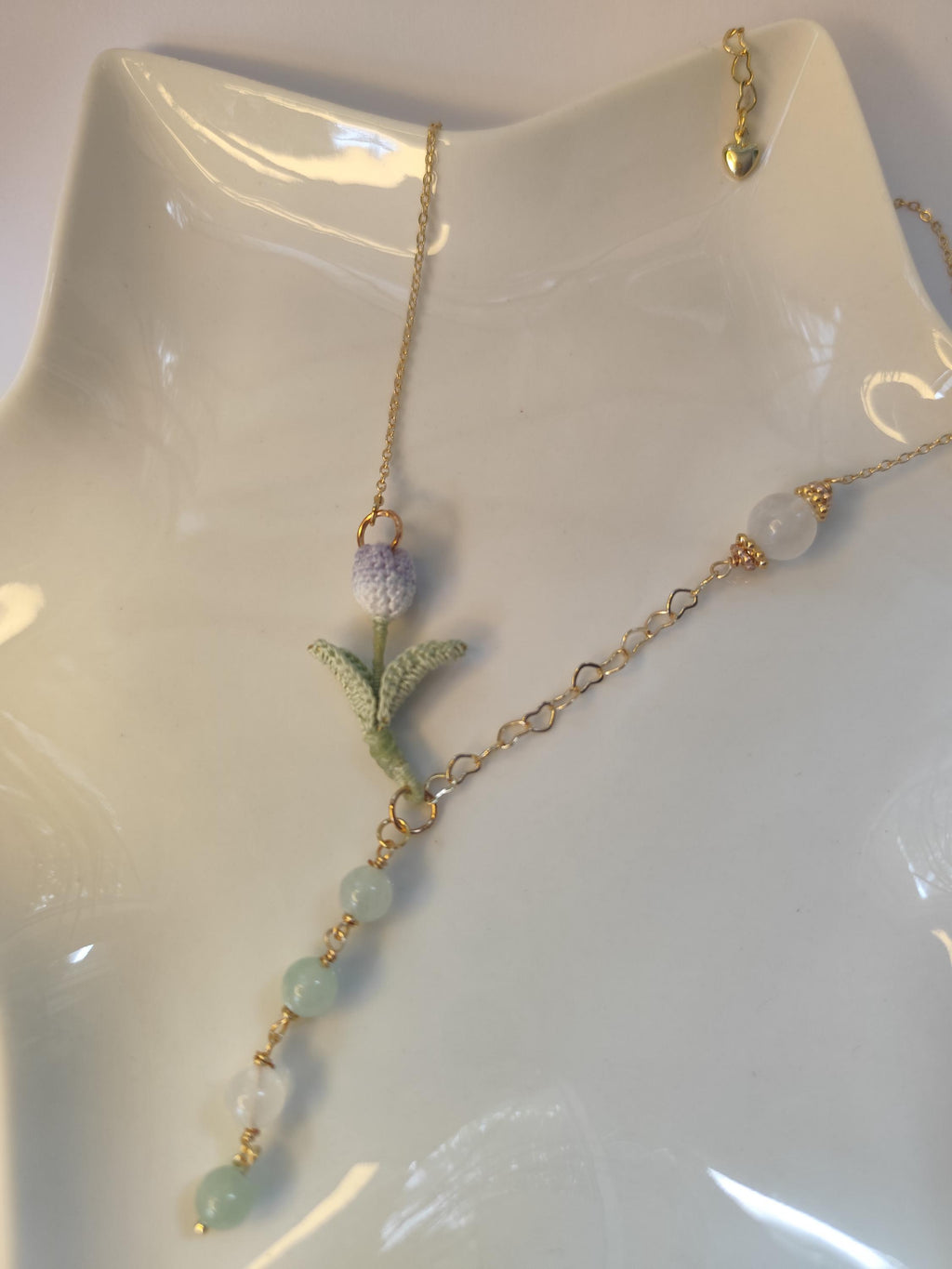 Hand-Dyed Tulip Necklace with Natural Stones | Delicate Crochet Flower Jewelry with Burmese Jade & Angola White Crystal