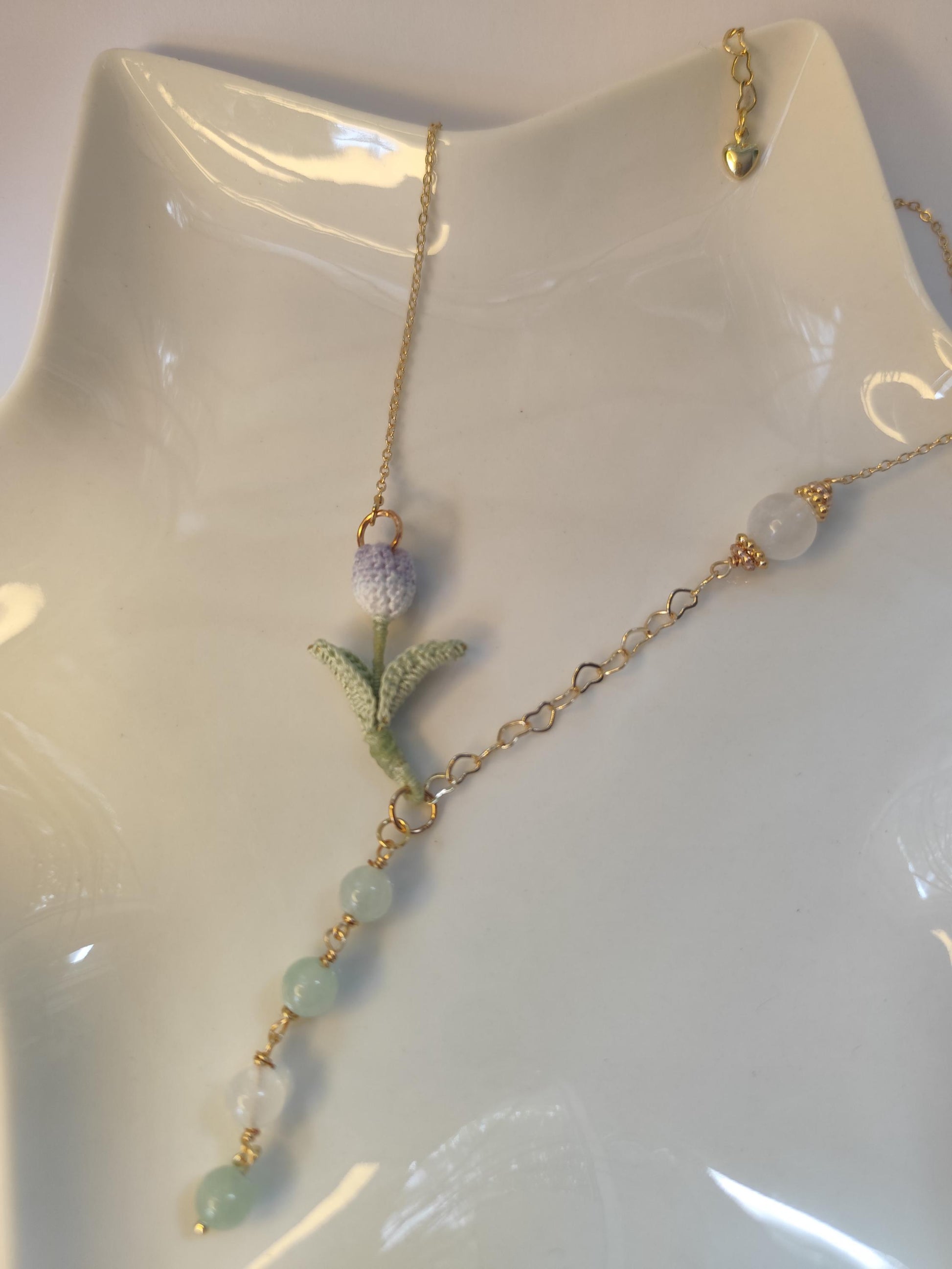Hand-Dyed Tulip Necklace with Natural Stones | Delicate Crochet Flower Jewelry with Burmese Jade & Angola White Crystal