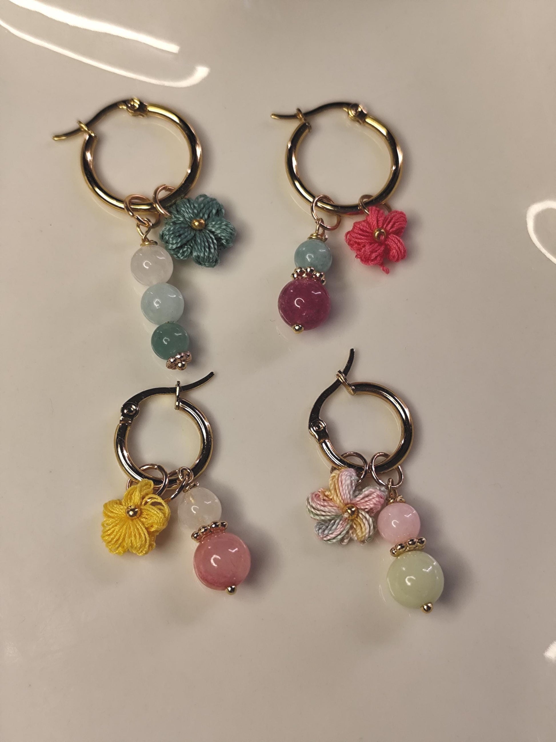 Make your own charm hoop earrings | micro crochet flowers | gemstone charms | personalised jewelry | golden hoops