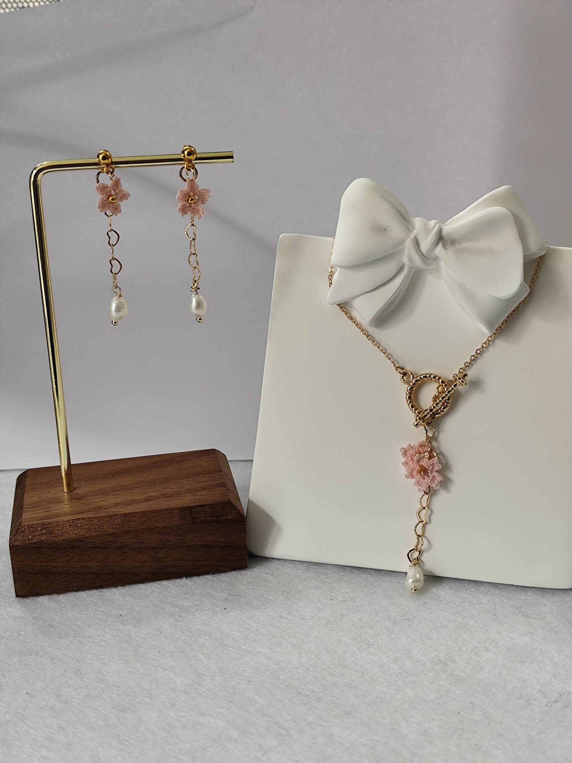 Small Sakura micro crochet earrings and necklace with freshwater pearl set | dainty | bridesmaid jewelry | wedding