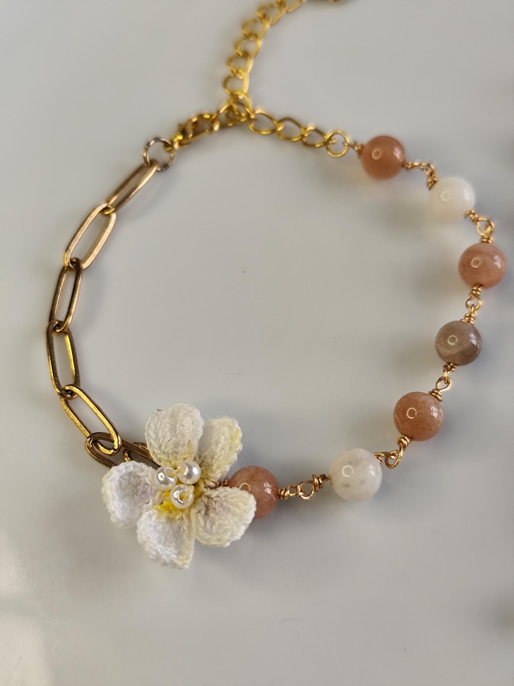 Handcrafted Micro Crochet Gemstone Jewelry Set: Blue Chalcedony, Moonstone, and Cherry Blossom flower
