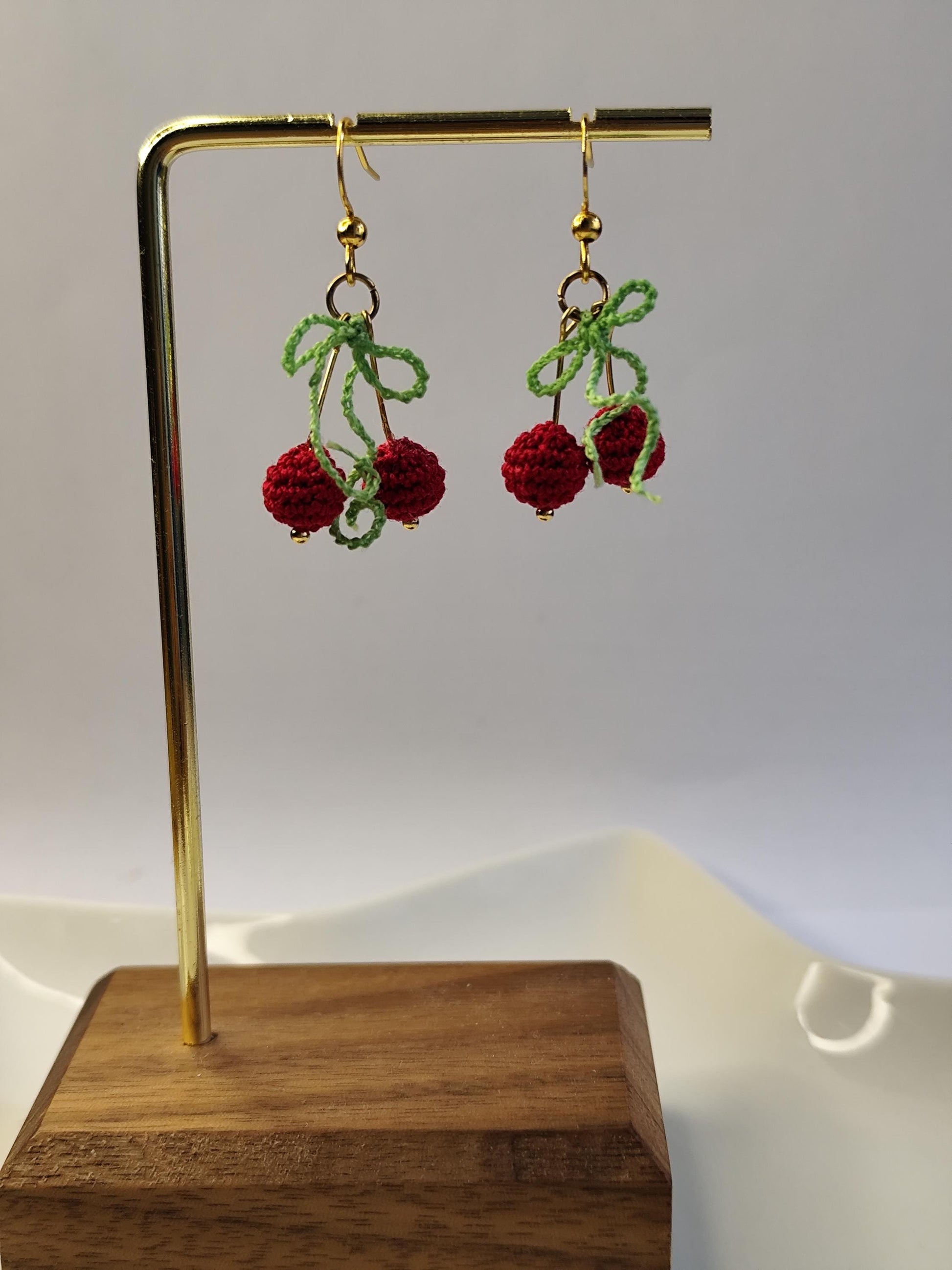 Micro Crocheted Cherry Earrings & Necklace Set | Handmade Fruit Jewelry | Dainty Boho Gift for Her | Red Cherry Crochet Accessories