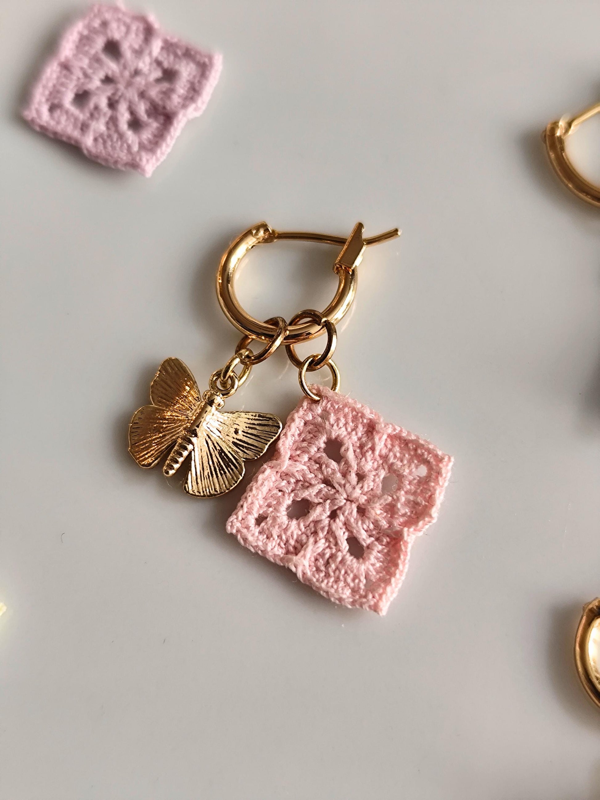 Golden charm hoop earrings with micro crochet granny square motifs | fun animal earrings | personalized gift