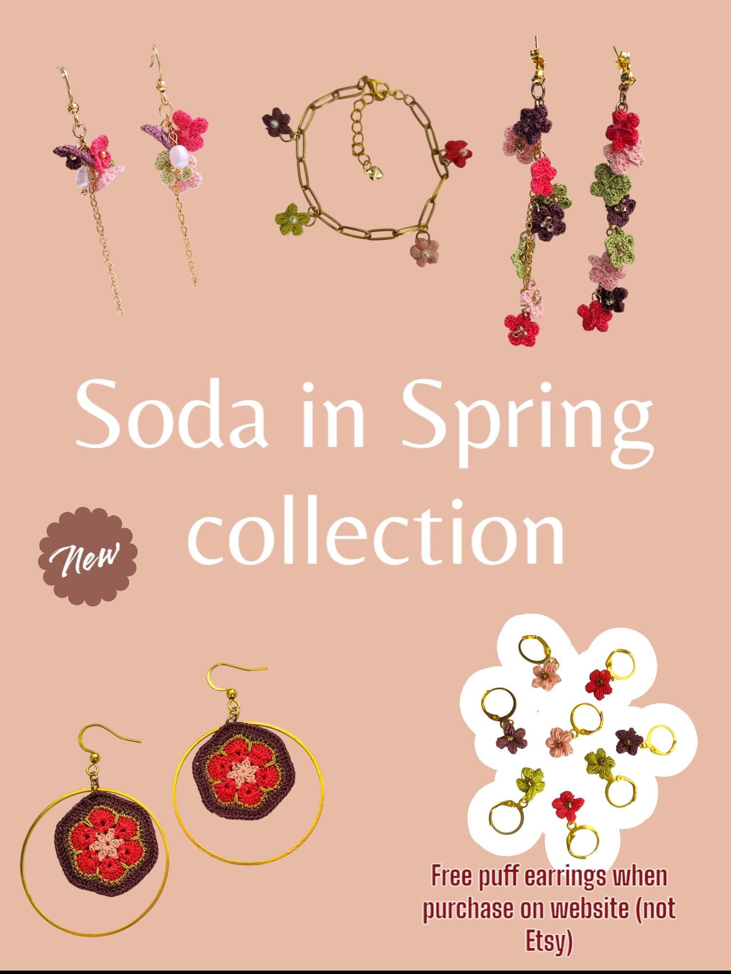 Spring handmade earrings and bracelet | small flowers, puff flowers, boho style, dainty, dangle earrings