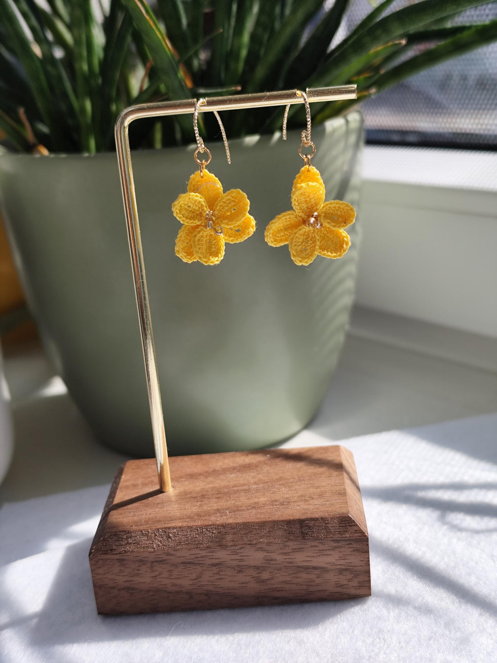 Handmade Micro Crochet Winterlinge aconite flower earrings - colorful and delicate floral design