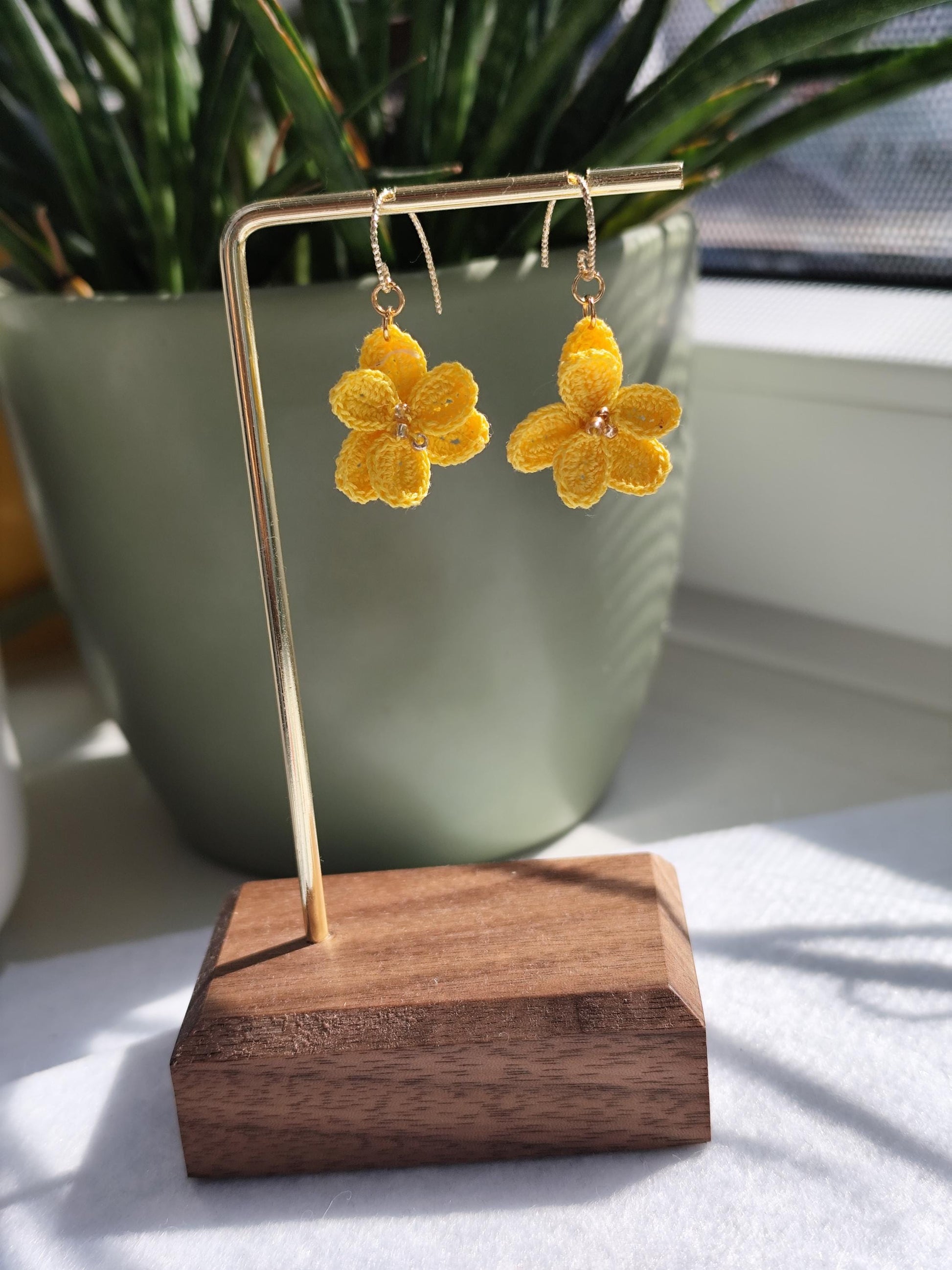 Handmade Micro Crochet Winterlinge aconite flower earrings - colorful and delicate floral design