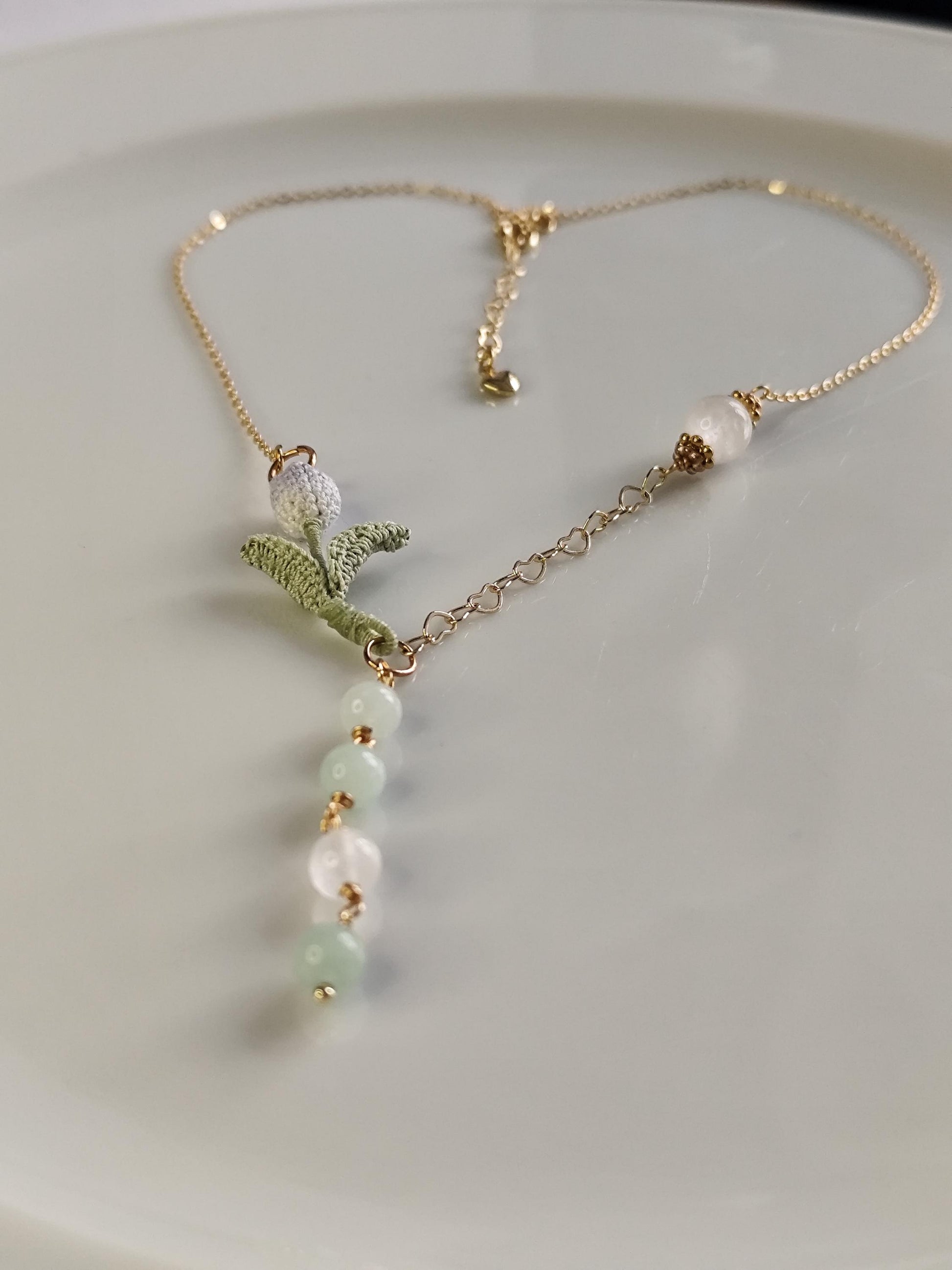 Hand-Dyed Tulip Necklace with Natural Stones | Delicate Crochet Flower Jewelry with Burmese Jade & Angola White Crystal