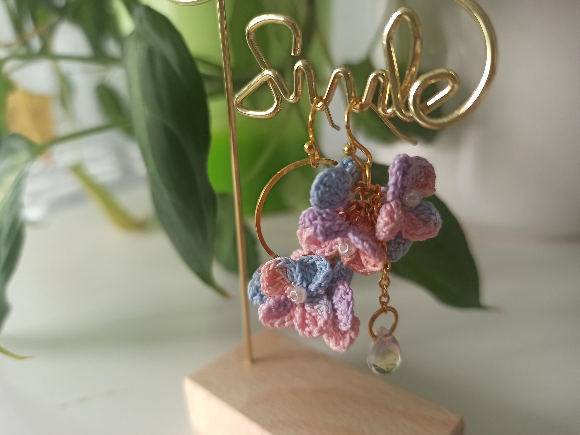 Asymmetrical hydrangea flower micro crochet earrings