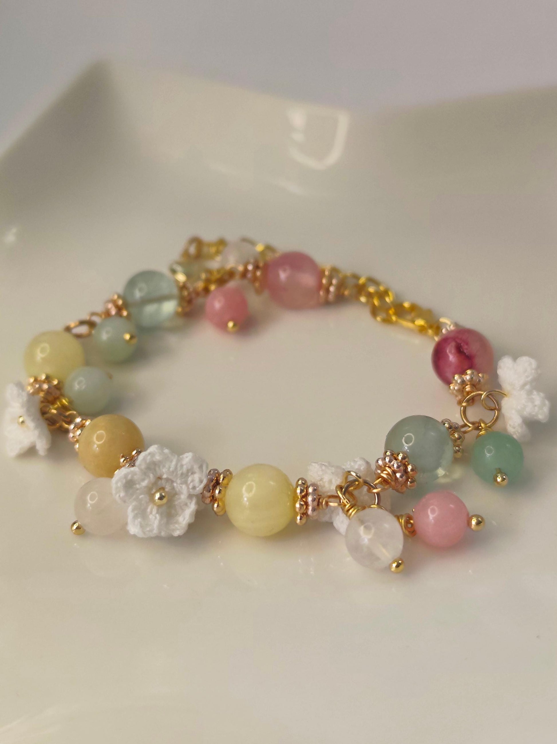 Melina | Handmade gemstone flower bracelets | Delicate crochet flower jewelry | Elegant gift for her | Romantic boho accessories