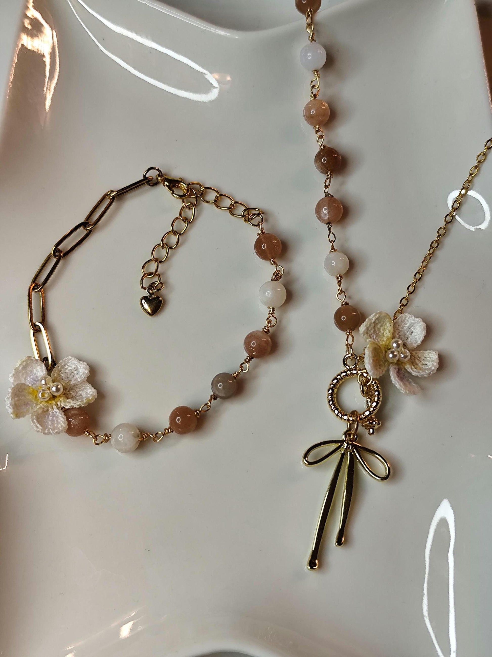Handcrafted Micro Crochet Gemstone Jewelry Set: Blue Chalcedony, Moonstone, and Cherry Blossom flower