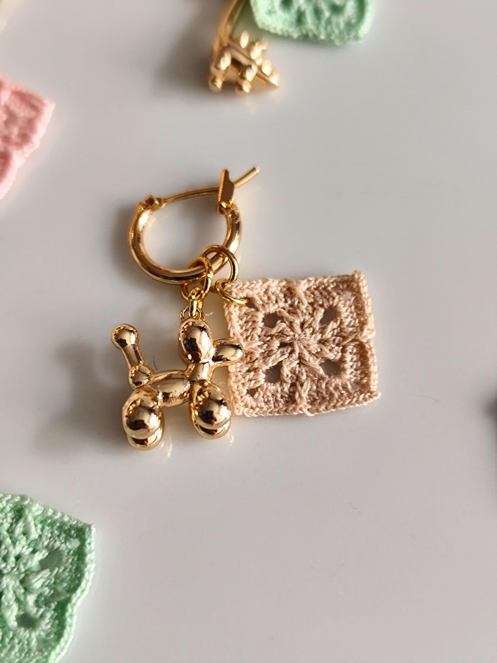 Golden charm hoop earrings with micro crochet granny square motifs | fun animal earrings | personalized gift