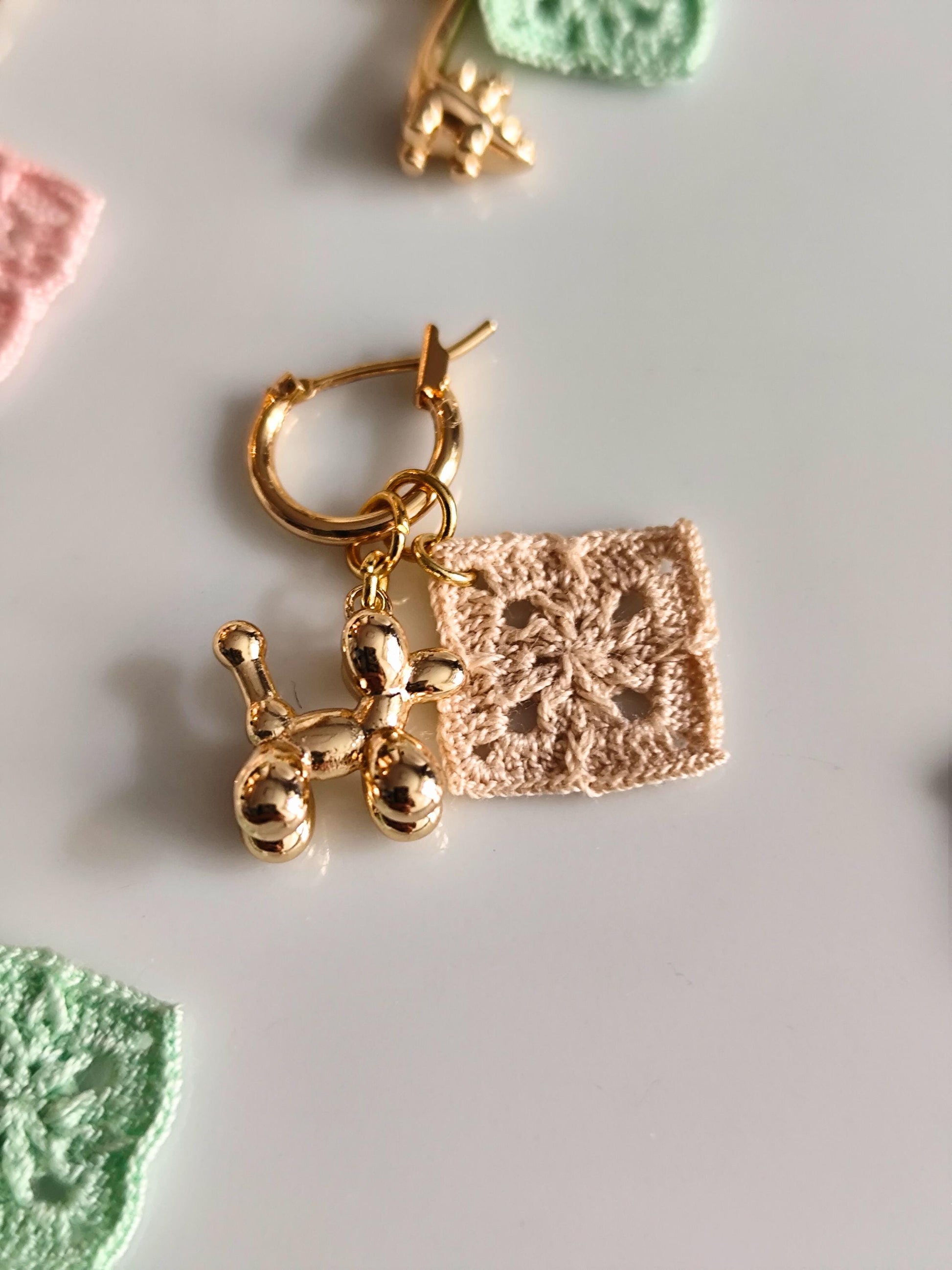 Golden charm hoop earrings with micro crochet granny square motifs | fun animal earrings | personalized gift
