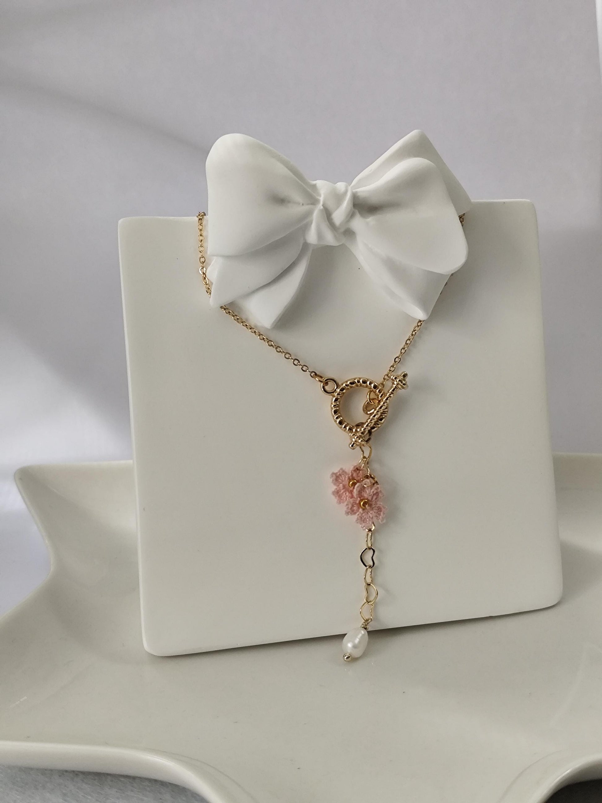 Small Sakura micro crochet earrings and necklace with freshwater pearl set | dainty | bridesmaid jewelry | wedding