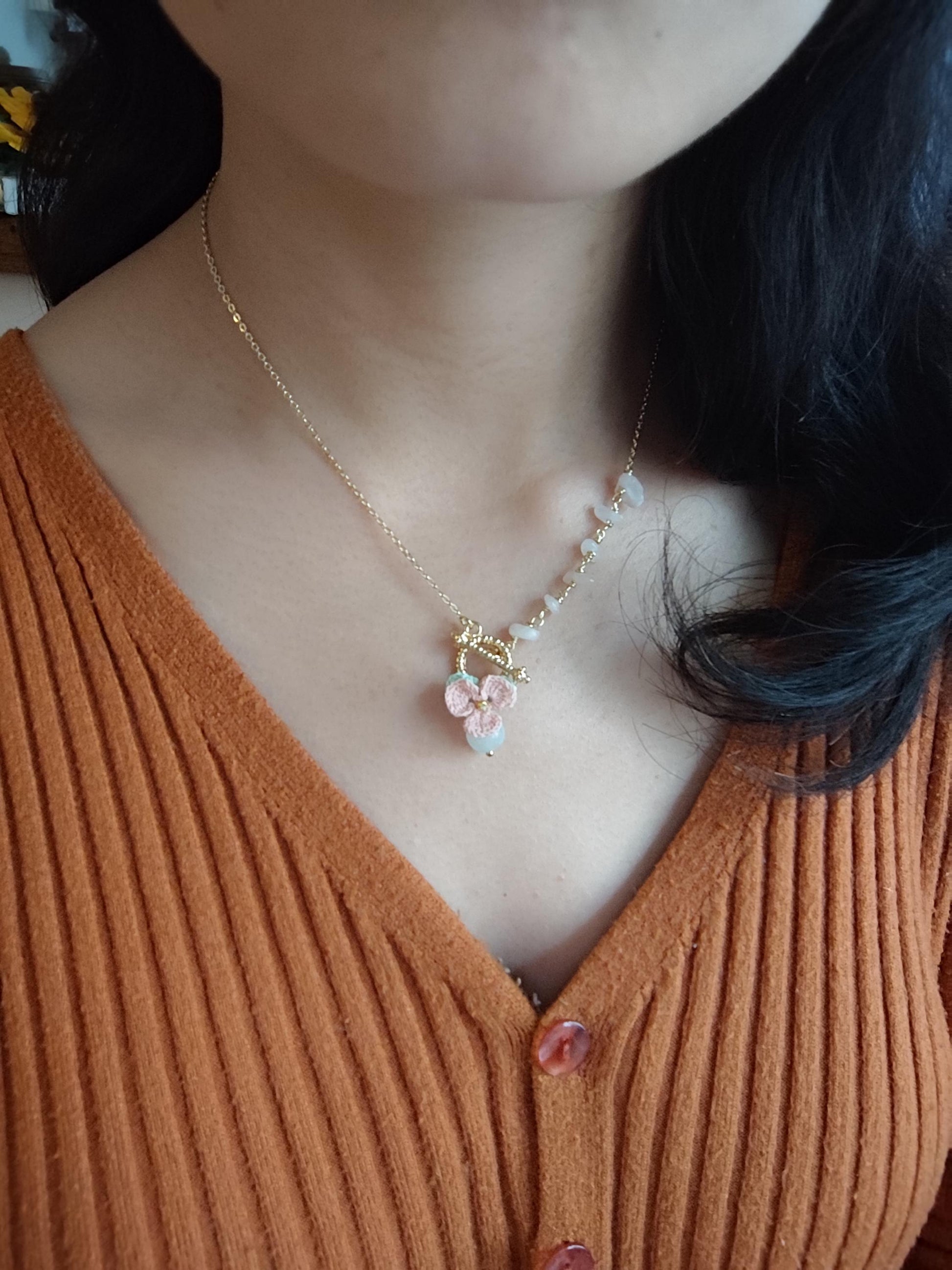 micro crochet pensy pendant necklace with natural stones | unique jewelry | boho | cottagecore