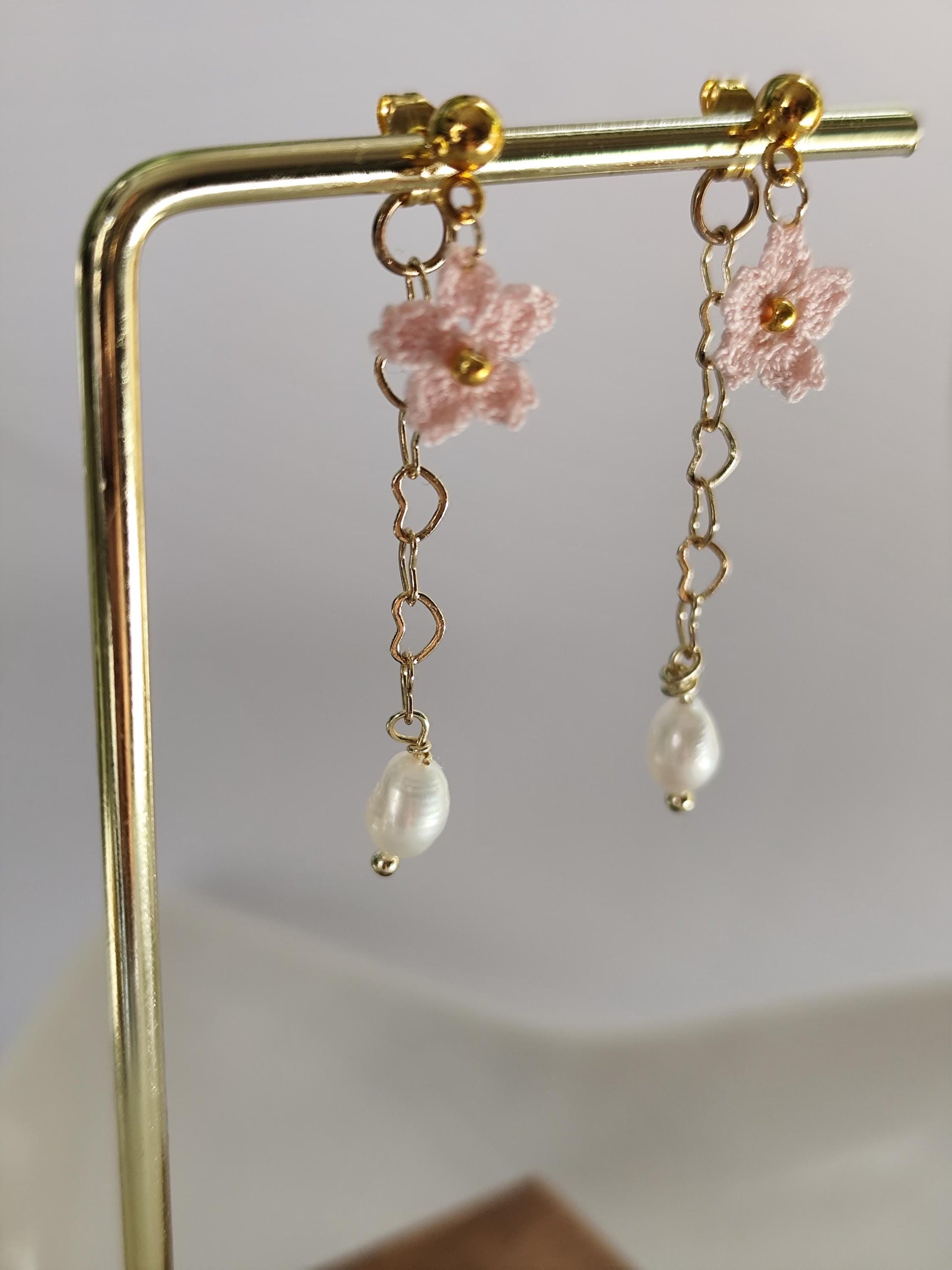 Small Sakura micro crochet earrings and necklace with freshwater pearl set | dainty | bridesmaid jewelry | wedding