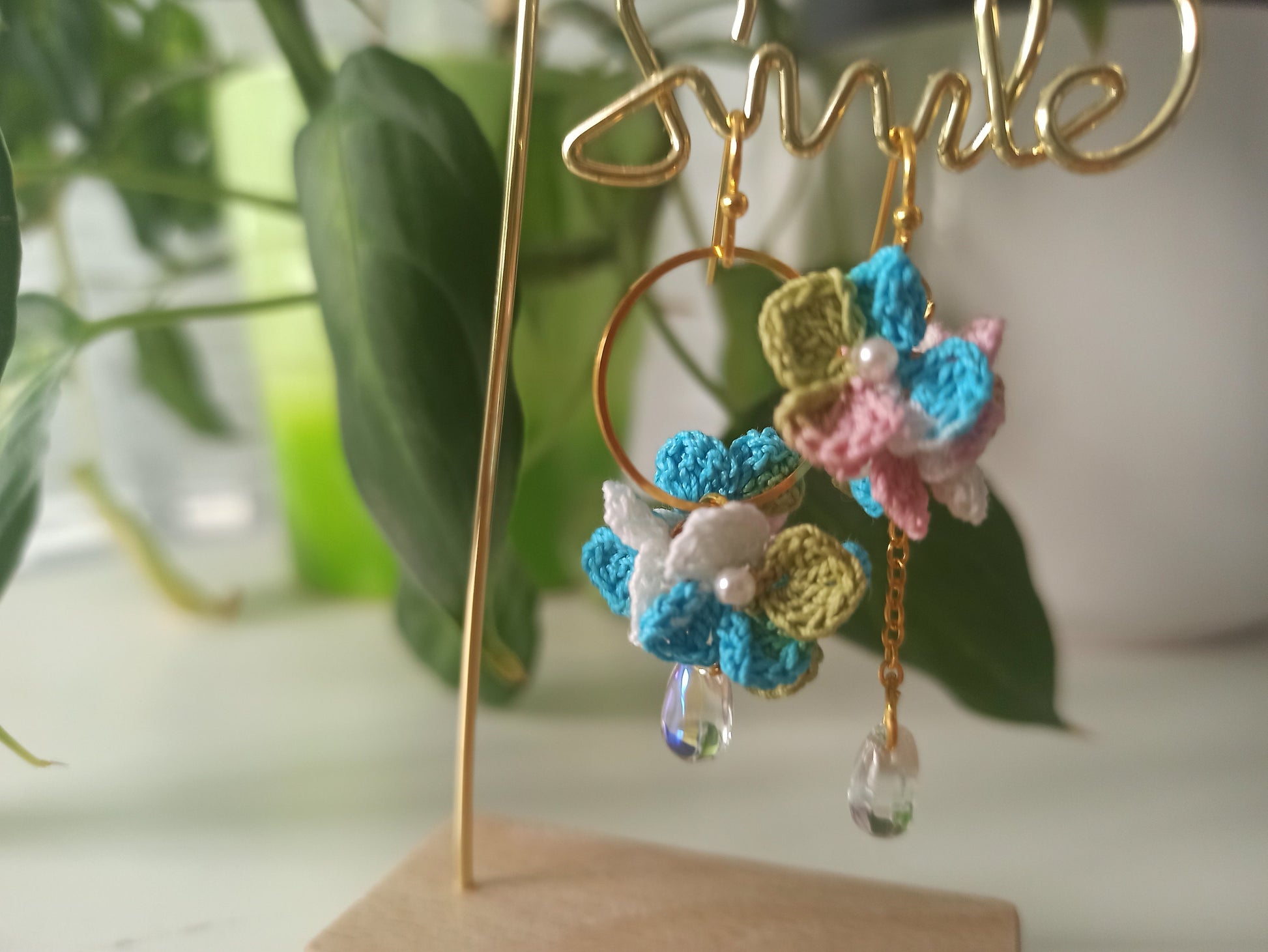 Asymmetrical hydrangea flower micro crochet earrings