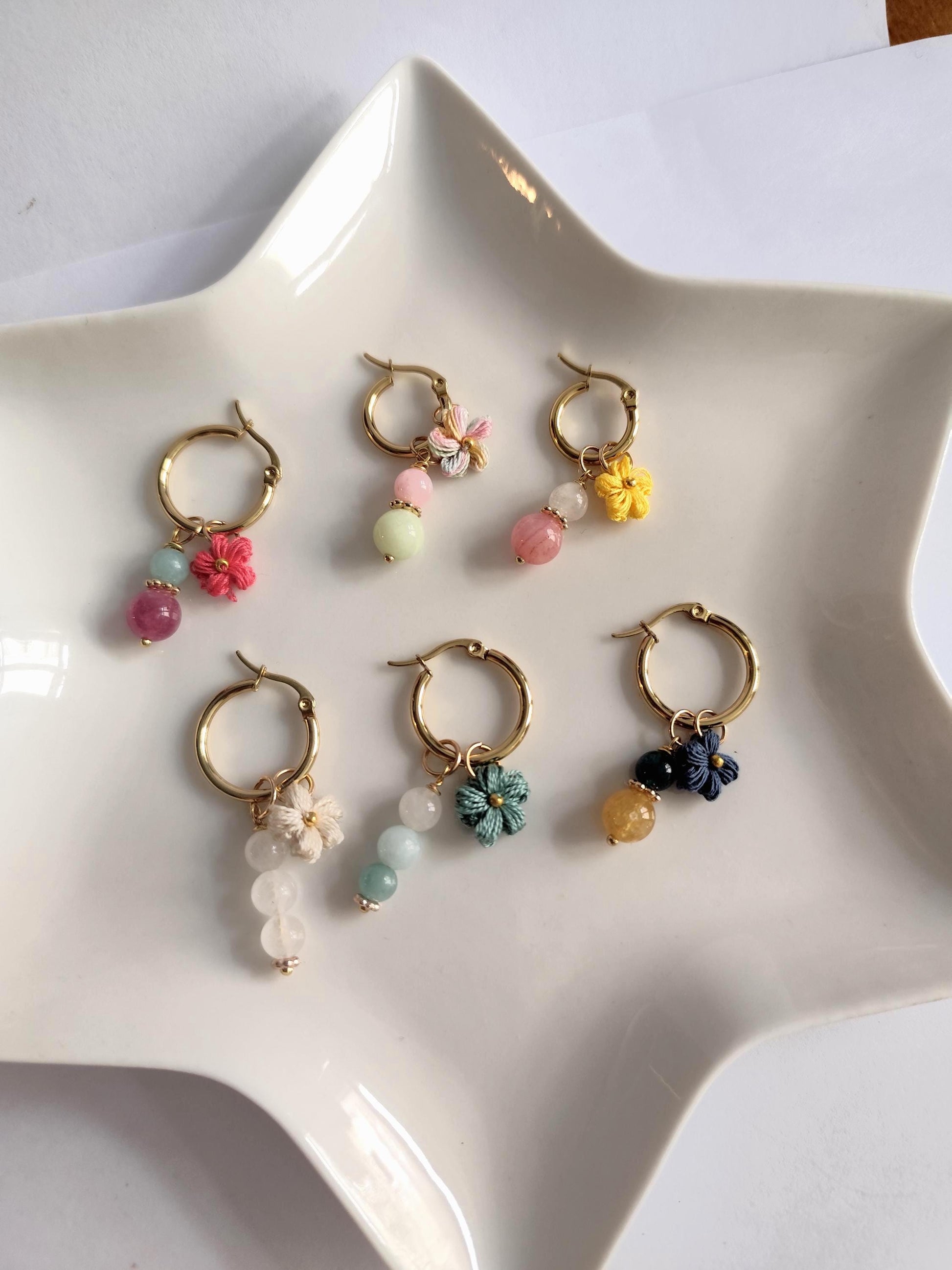 Make your own charm hoop earrings | micro crochet flowers | gemstone charms | personalised jewelry | golden hoops