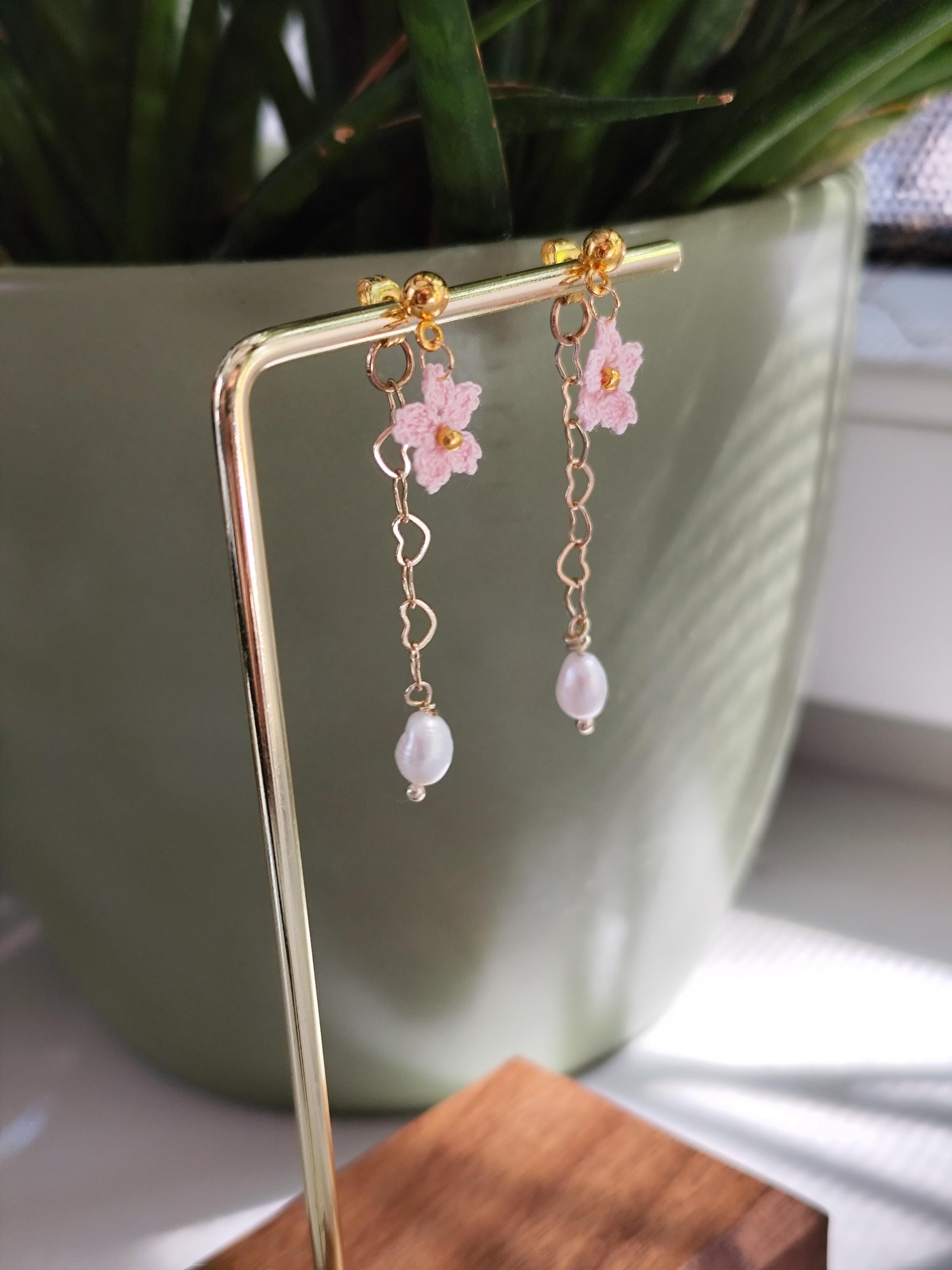 Small Sakura micro crochet earrings and necklace with freshwater pearl set | dainty | bridesmaid jewelry | wedding