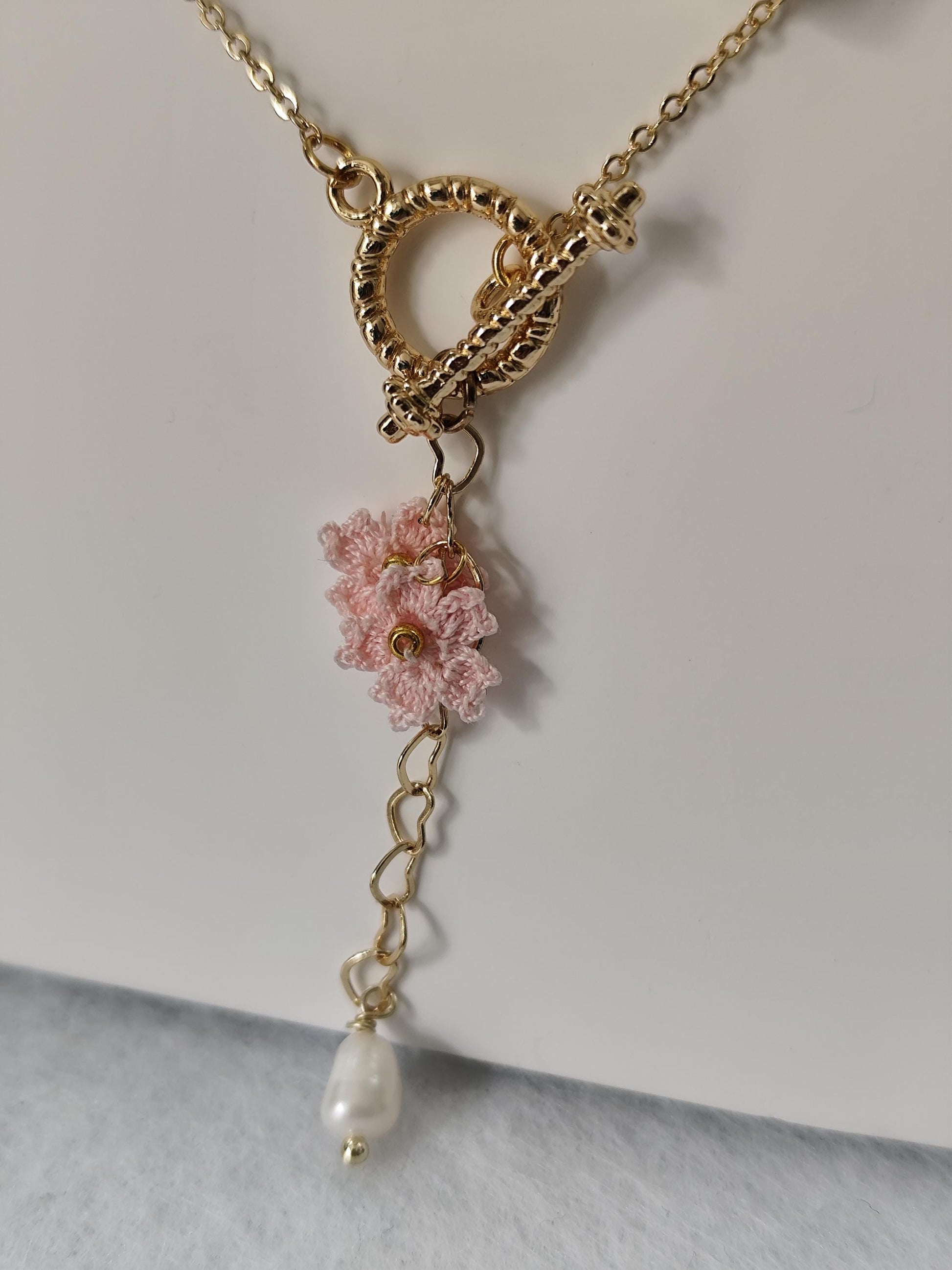 Small Sakura micro crochet earrings and necklace with freshwater pearl set | dainty | bridesmaid jewelry | wedding