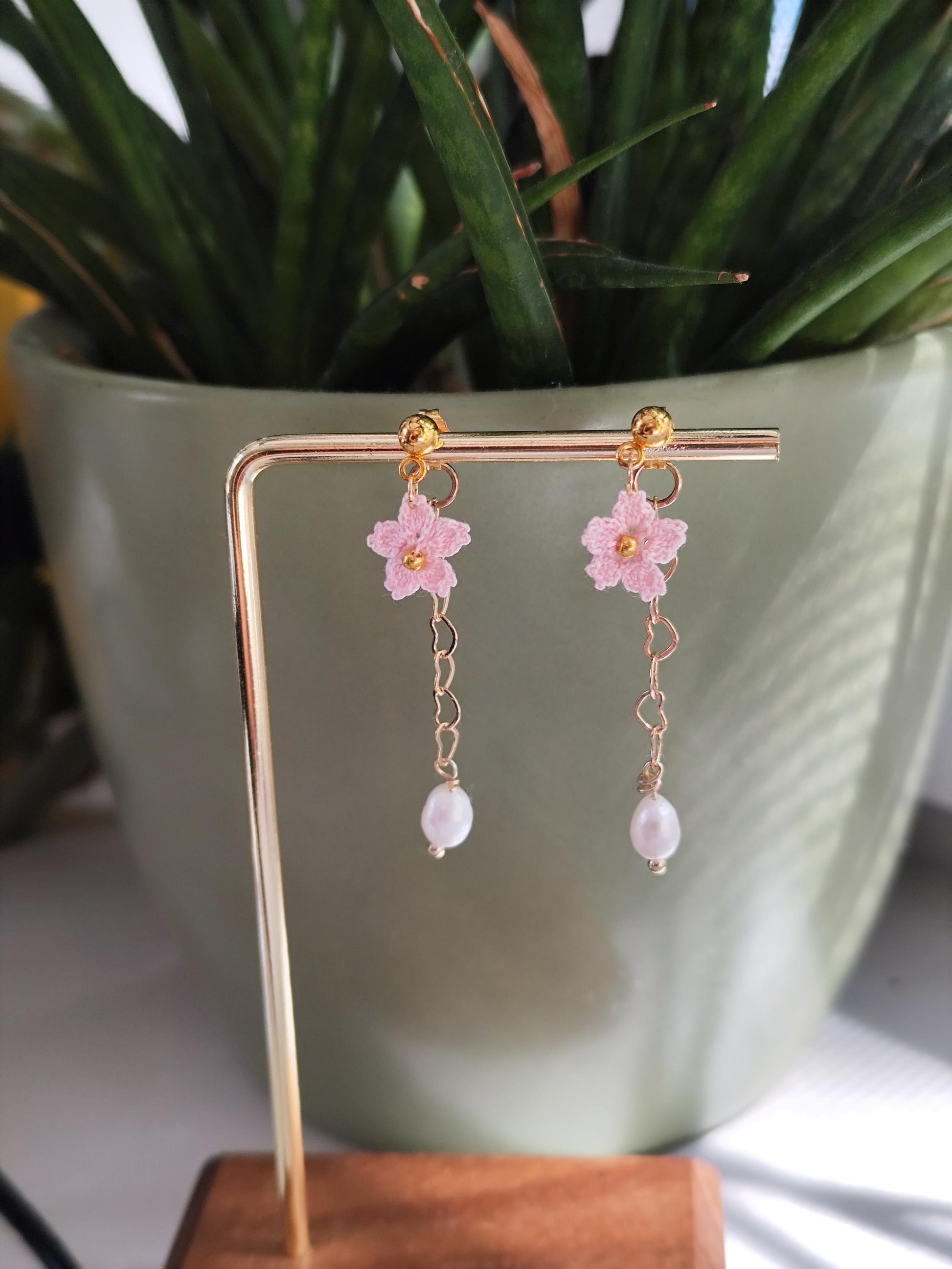 Small Sakura micro crochet earrings and necklace with freshwater pearl set | dainty | bridesmaid jewelry | wedding
