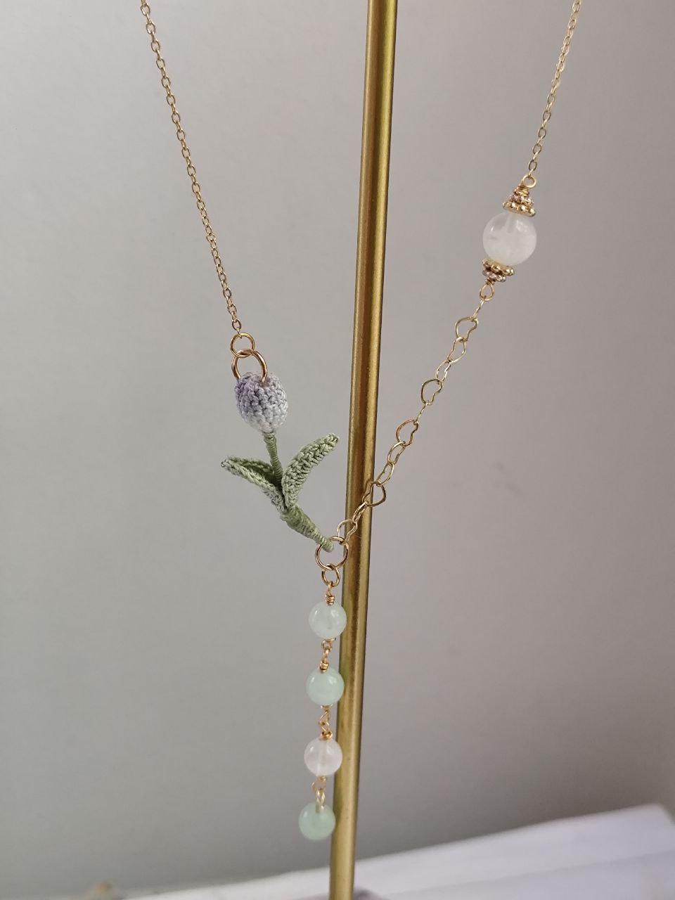 Hand-Dyed Tulip Necklace with Natural Stones | Delicate Crochet Flower Jewelry with Burmese Jade & Angola White Crystal