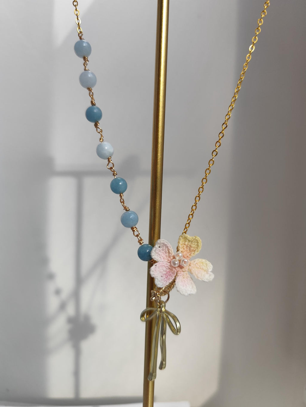 Handcrafted Micro Crochet Gemstone Jewelry Set: Blue Chalcedony, Moonstone, and Cherry Blossom flower