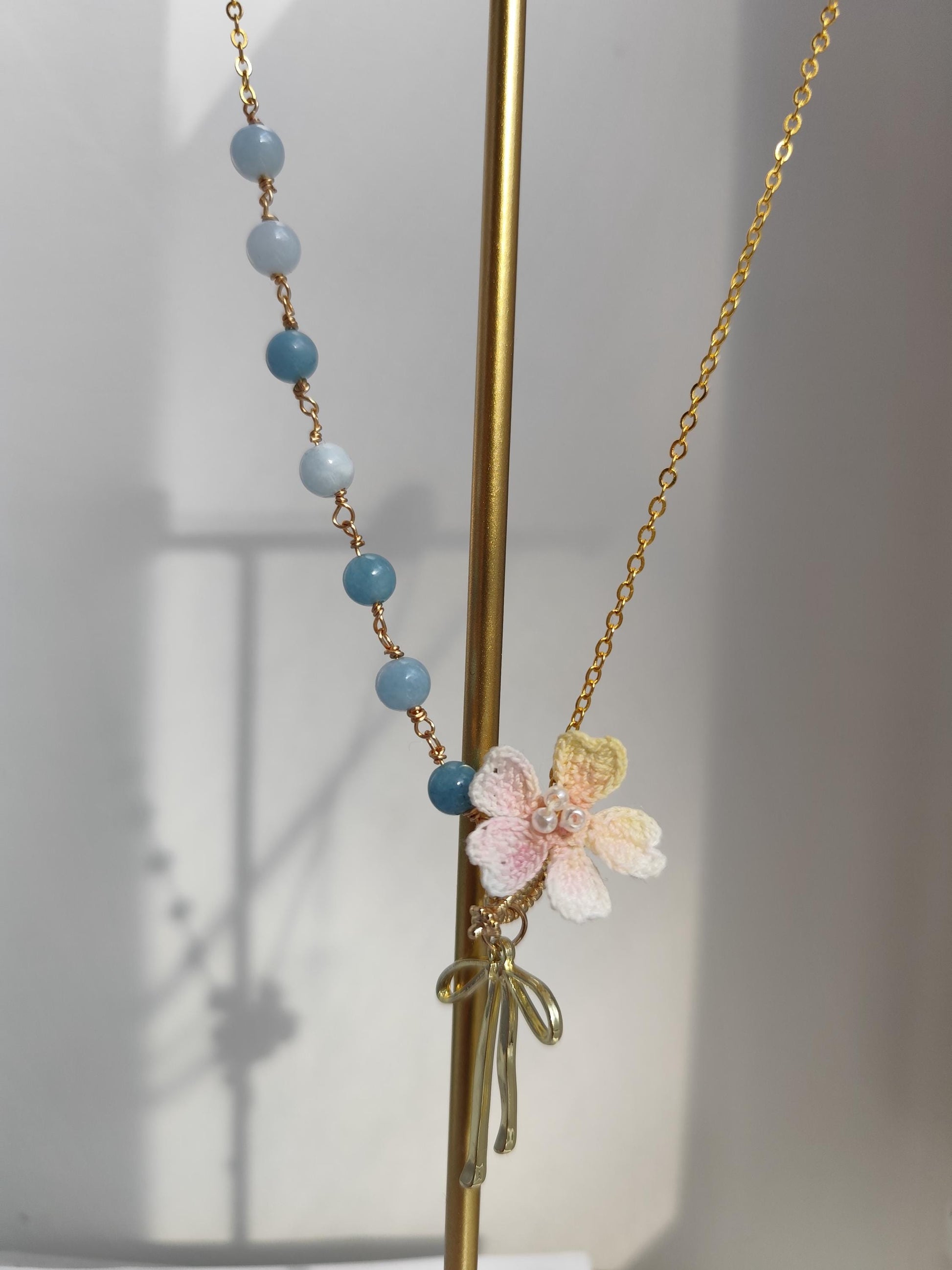 Handcrafted Micro Crochet Gemstone Jewelry Set: Blue Chalcedony, Moonstone, and Cherry Blossom flower