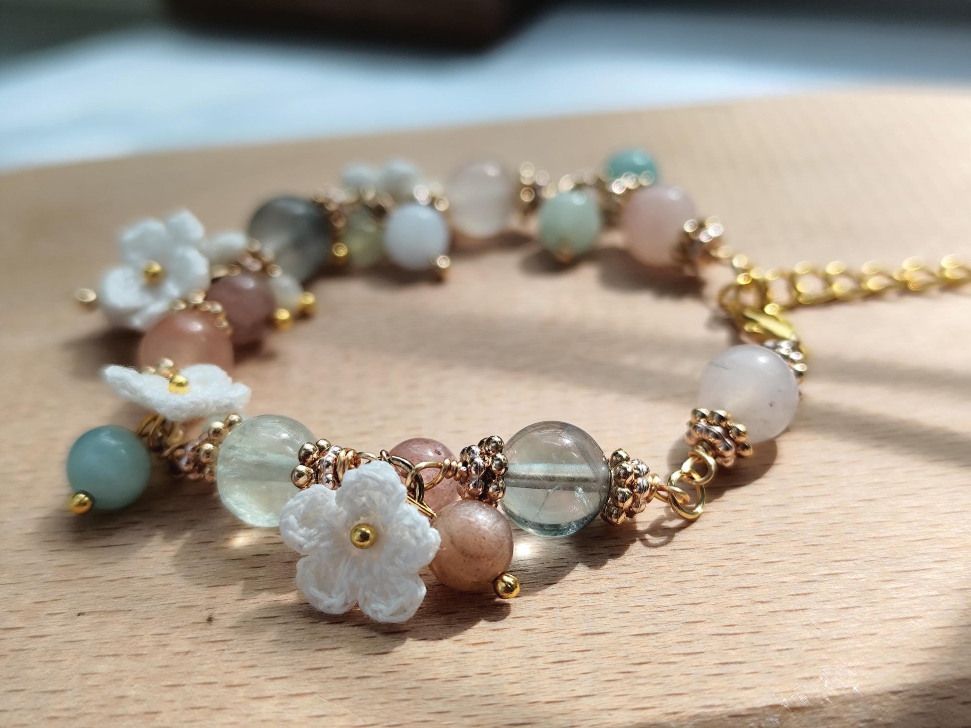 Aurelia | Handmade micro crochet flower gemstone bracelet