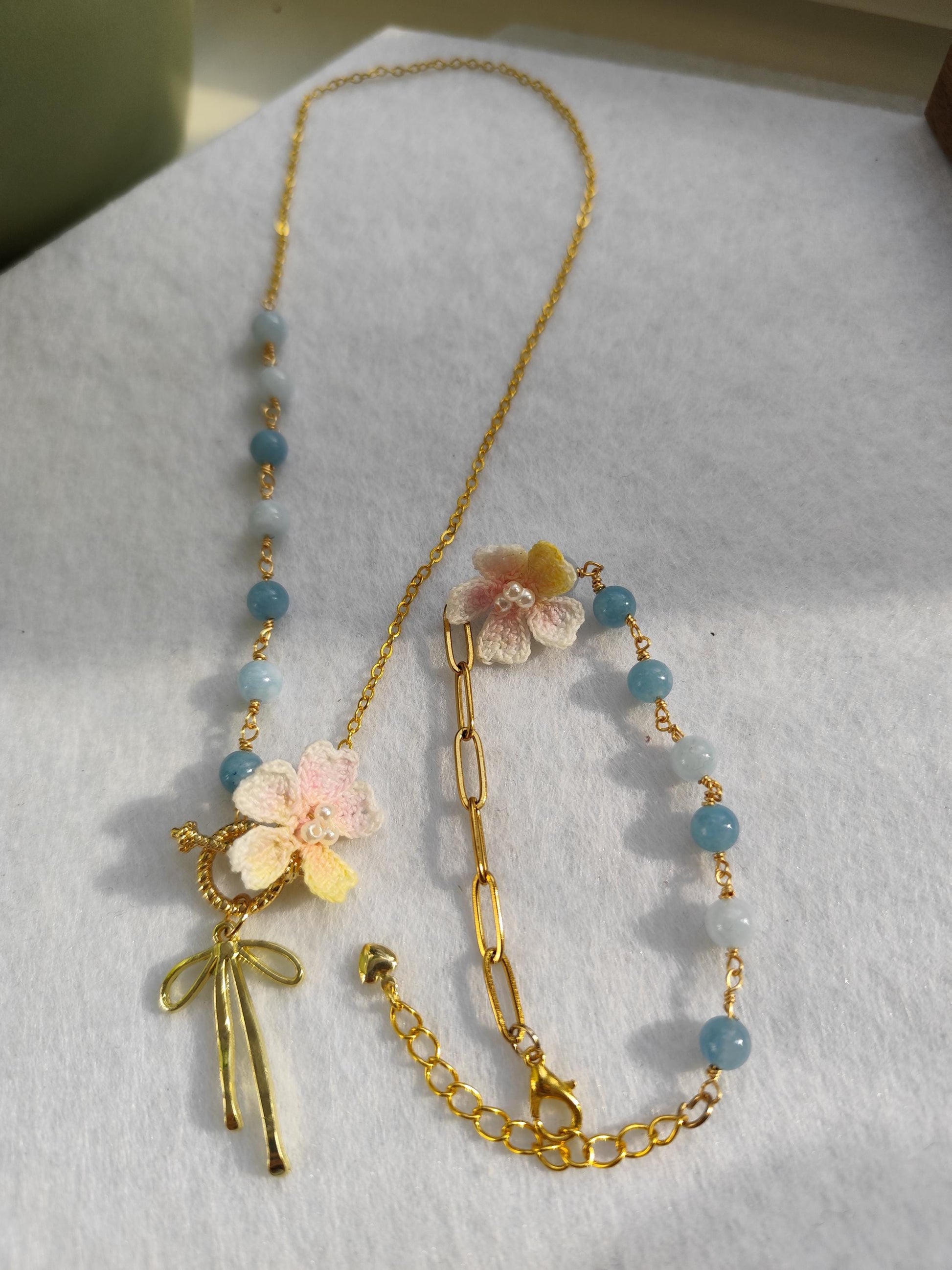 Handcrafted Micro Crochet Gemstone Jewelry Set: Blue Chalcedony, Moonstone, and Cherry Blossom flower