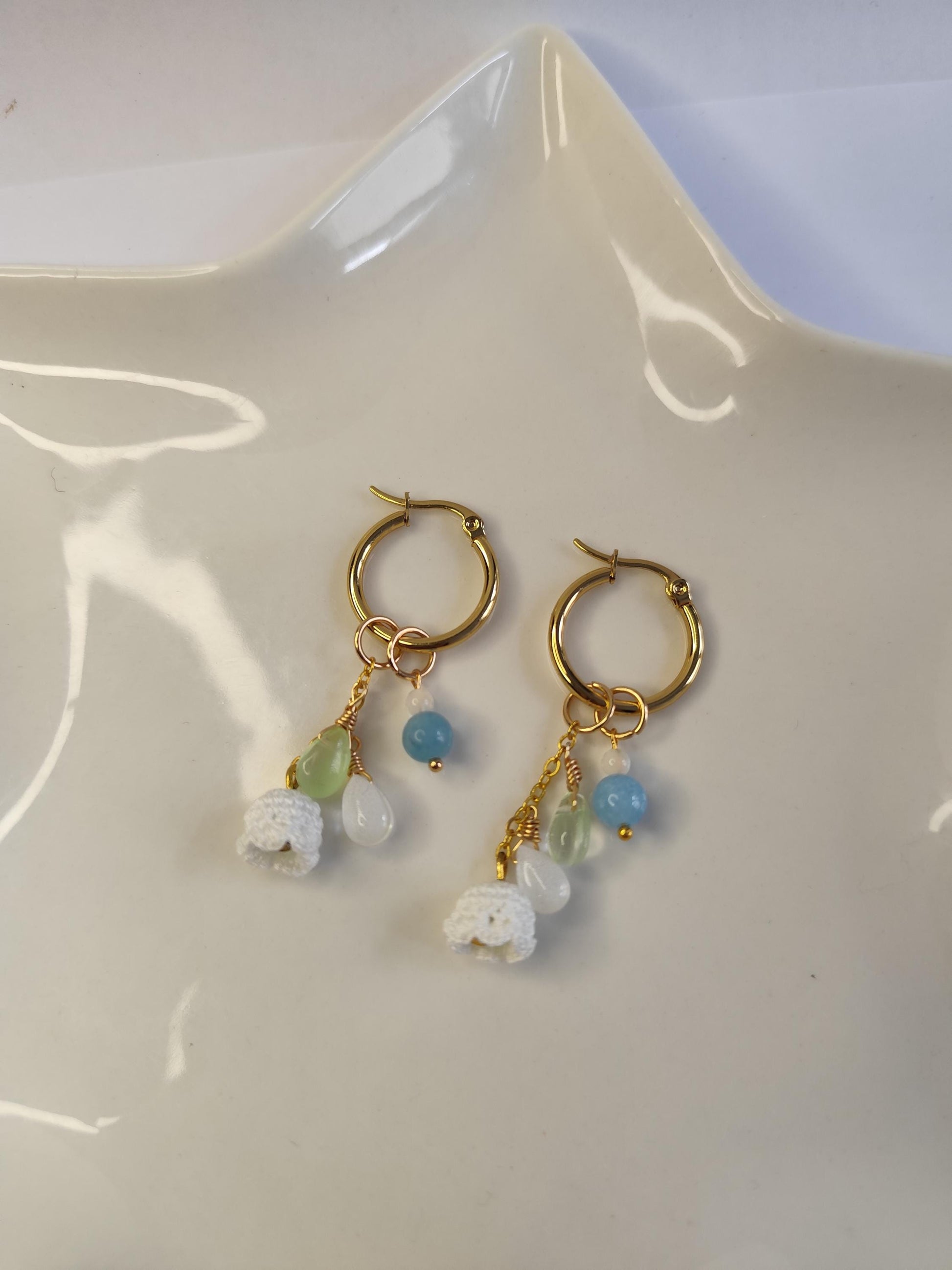 Handmade lily of the valley earrings made from micro crochet and natural stone | delicate | wear every day