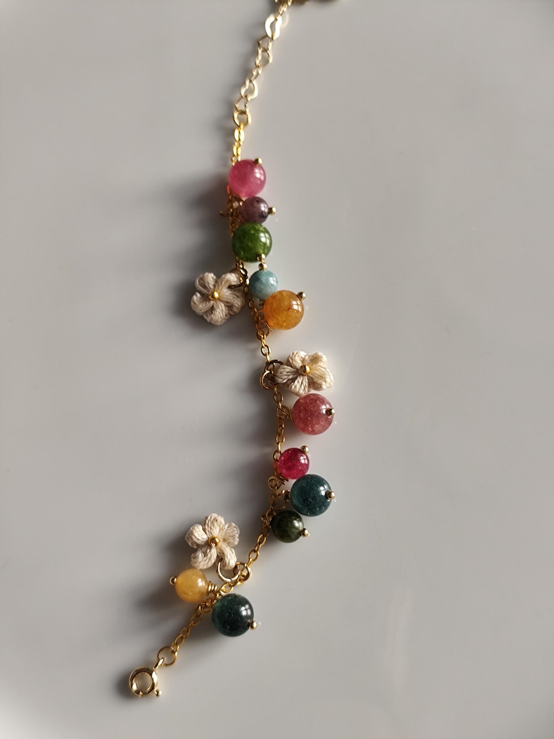 Bubble gemstone bracelet | micro crochet flowers | natural stone | tourmaline