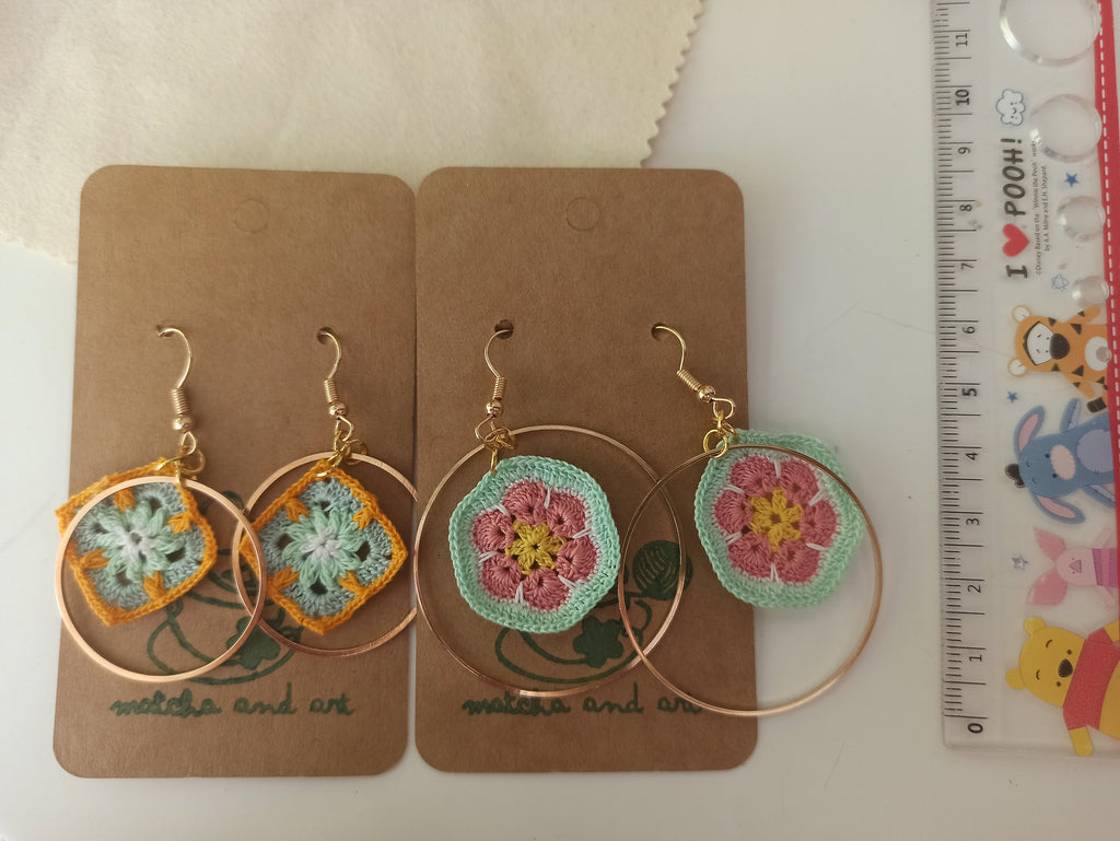 Micro Crochet Flower Pattern Granny Squares Motif Earrings | Micro crochet flower pattern granny squares motif earrings