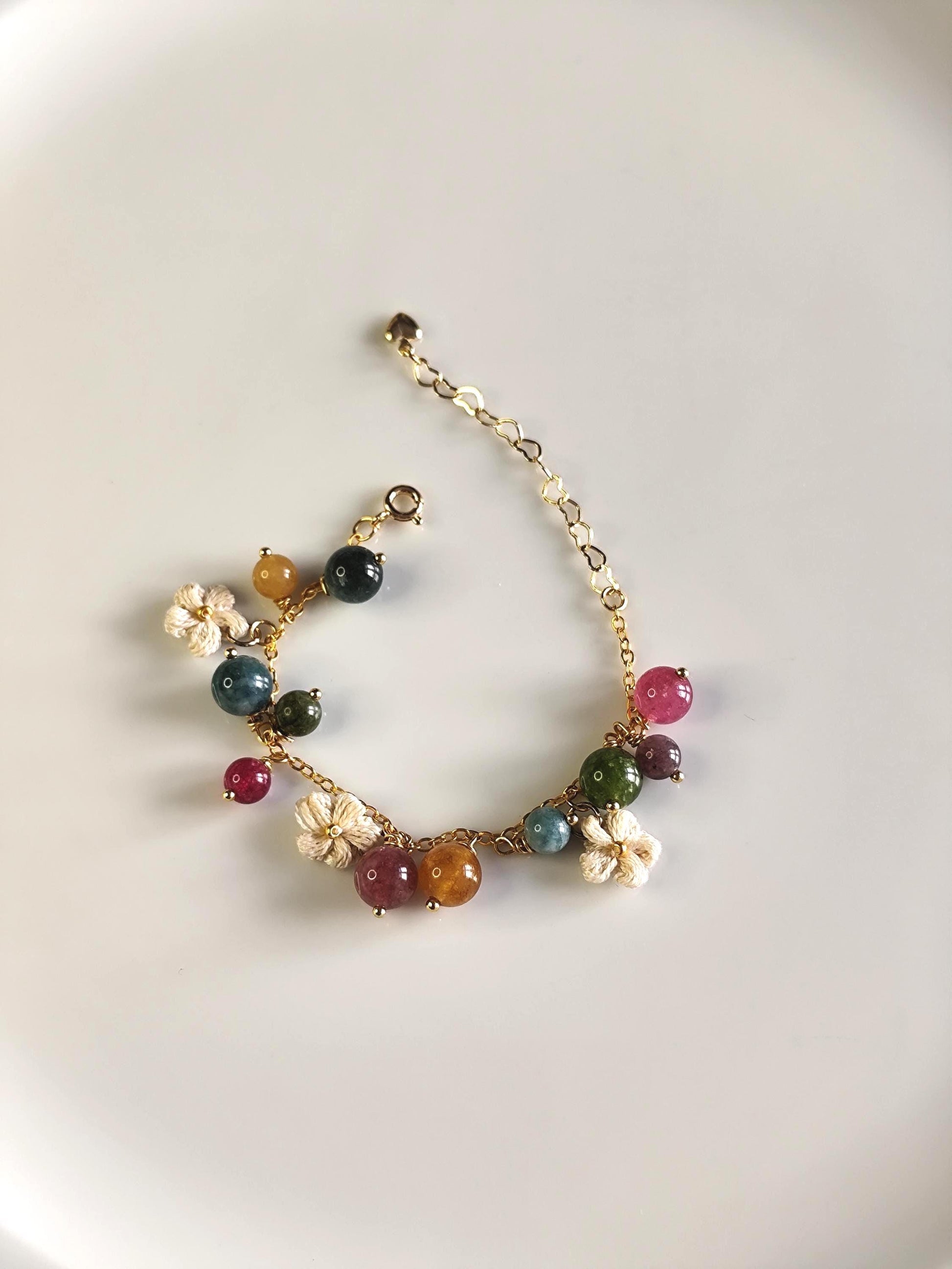 Bubble gemstone bracelet | micro crochet flowers | natural stone | tourmaline