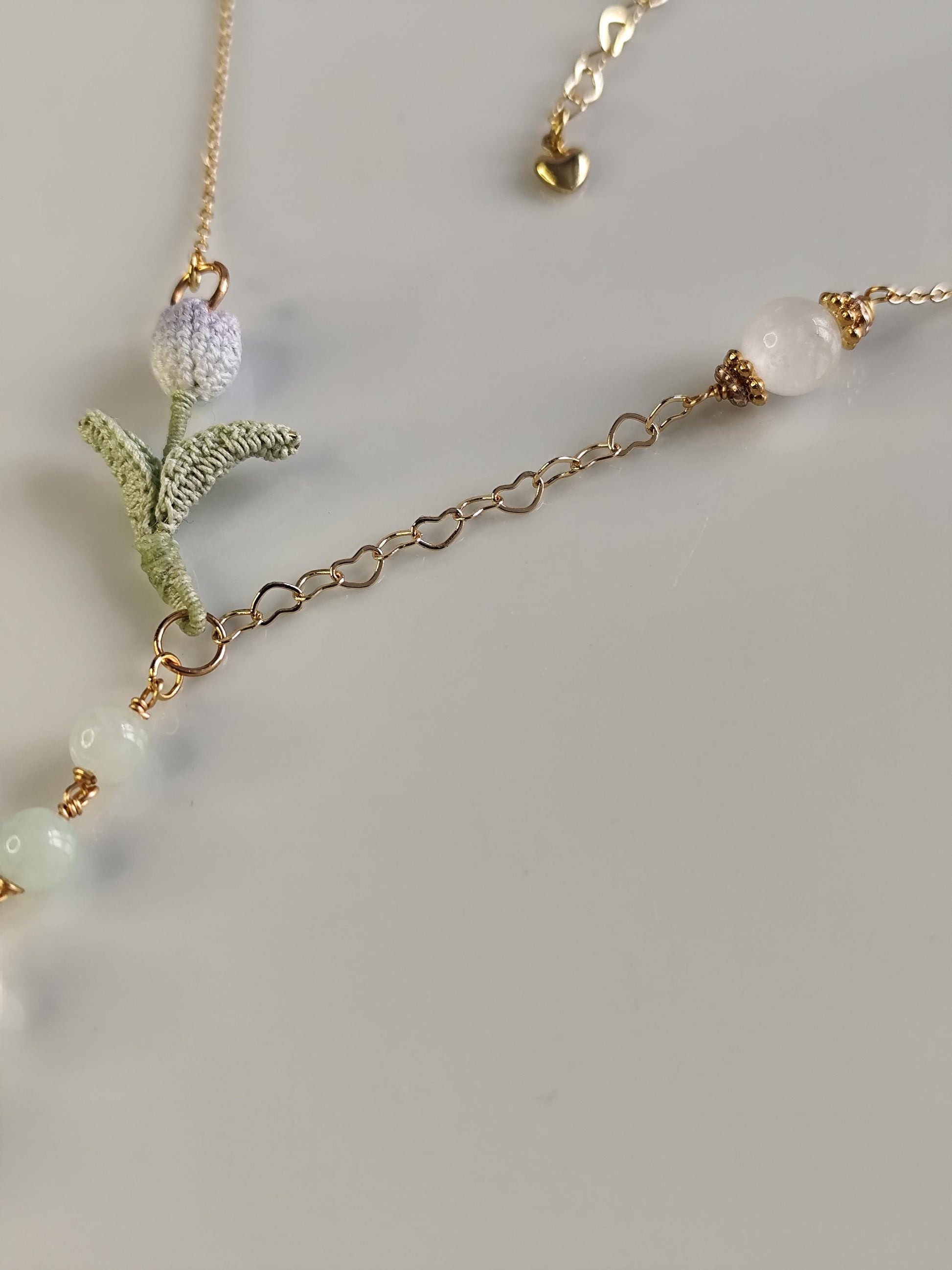 Hand-Dyed Tulip Necklace with Natural Stones | Delicate Crochet Flower Jewelry with Burmese Jade & Angola White Crystal