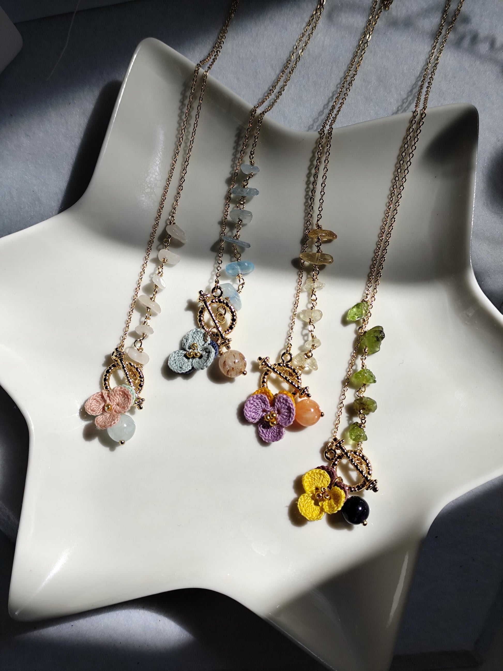 micro crochet pensy pendant necklace with natural stones | unique jewelry | boho | cottagecore