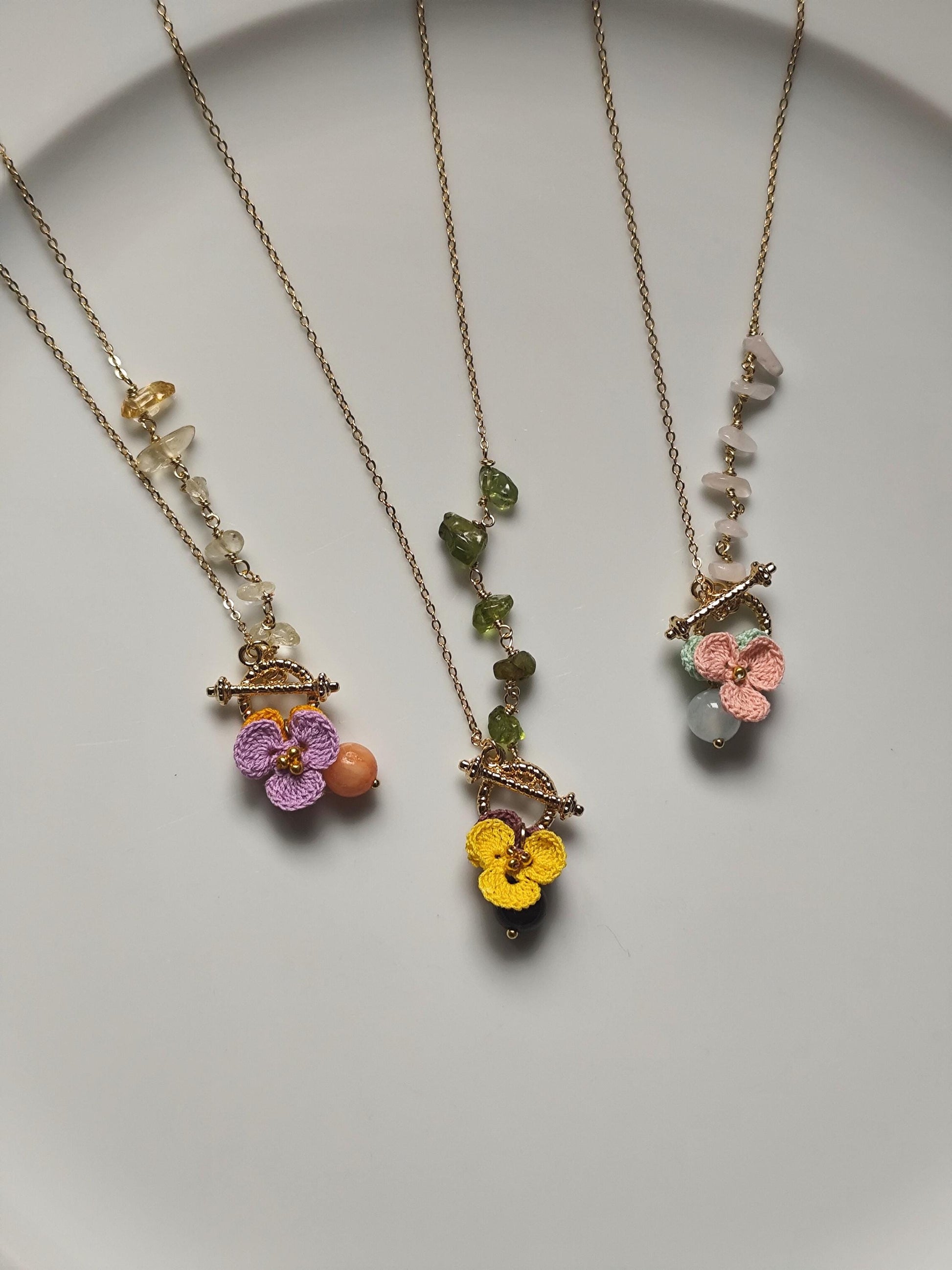micro crochet pensy pendant necklace with natural stones | unique jewelry | boho | cottagecore