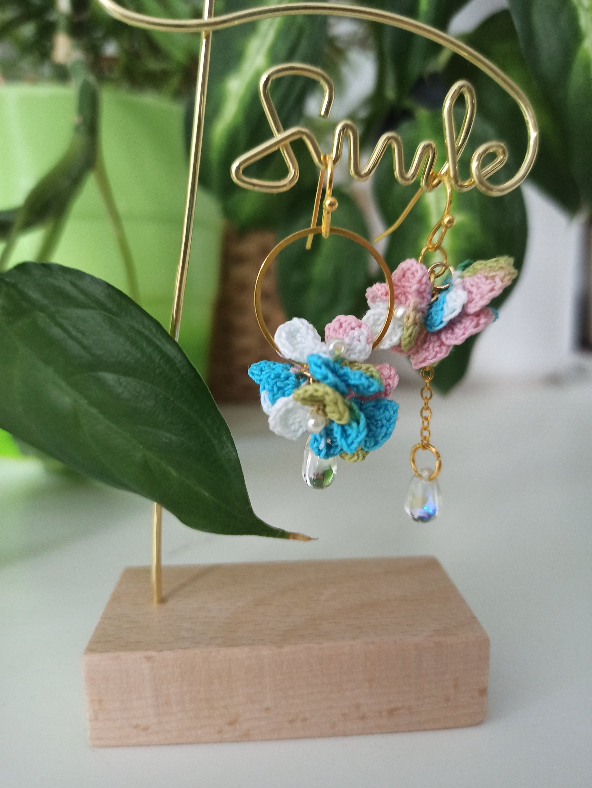 Asymmetrical hydrangea flower micro crochet earrings