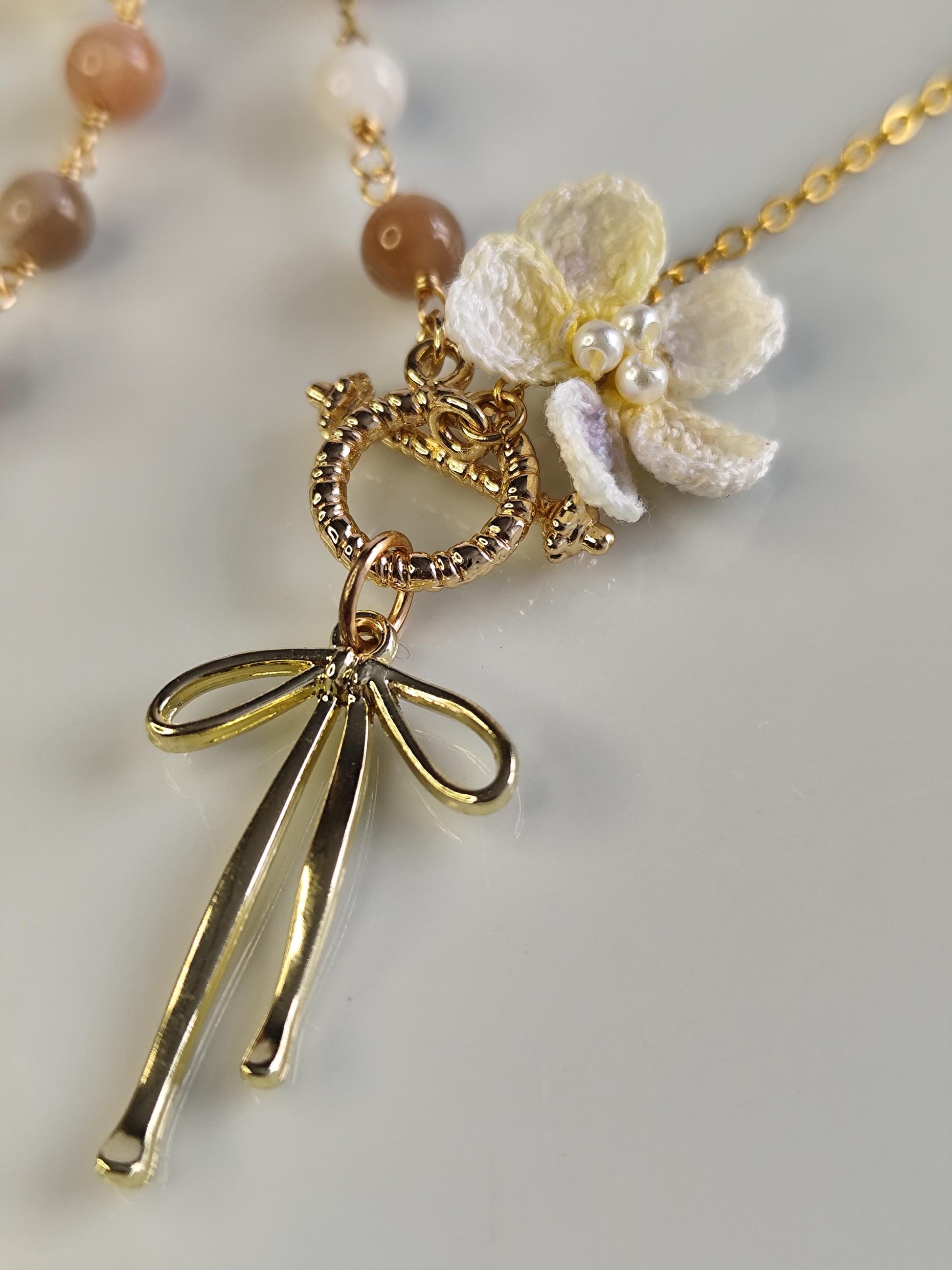 Handcrafted Micro Crochet Gemstone Jewelry Set: Blue Chalcedony, Moonstone, and Cherry Blossom flower