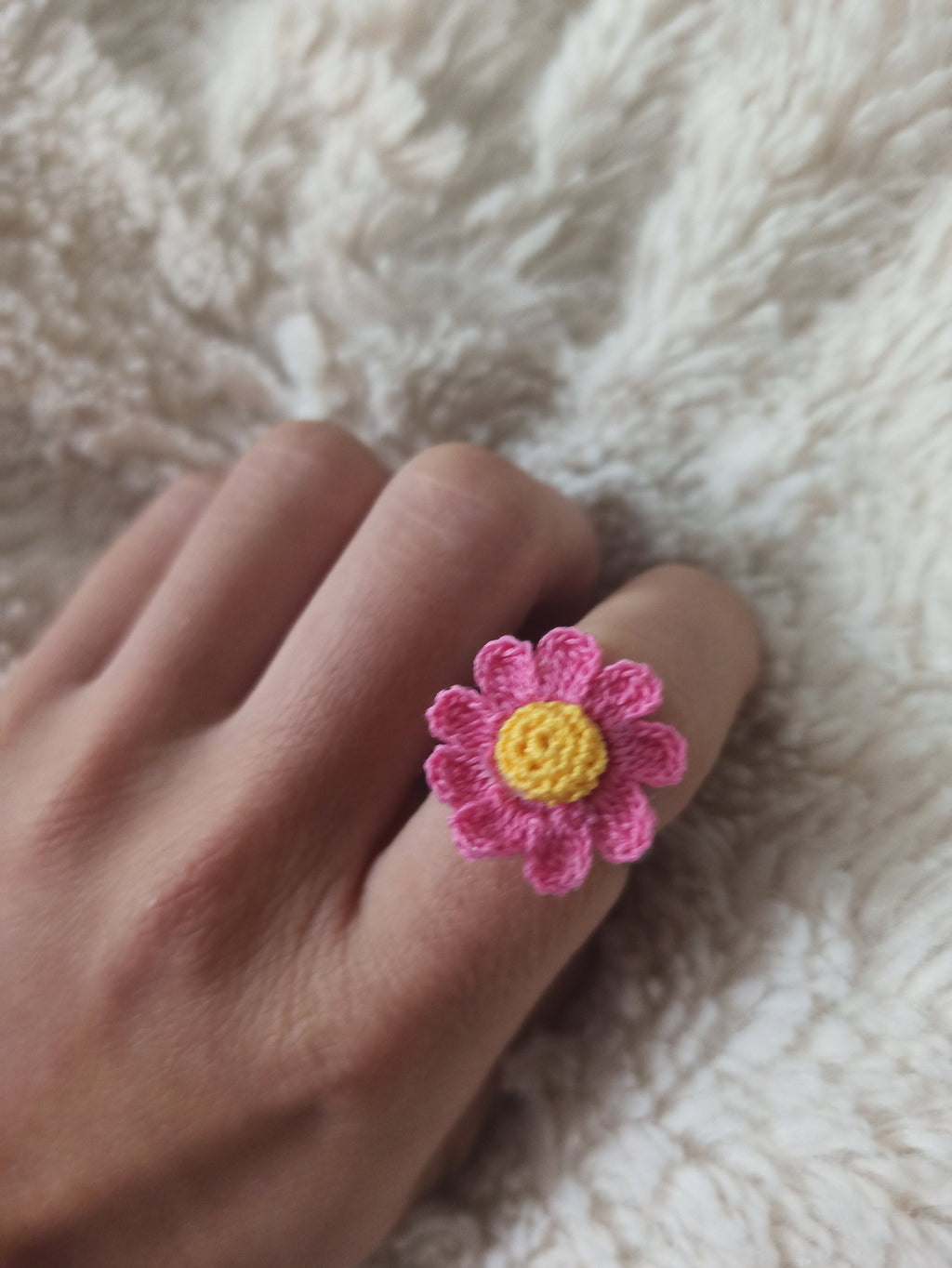 Daisy Crochet Ring | Micro Crochet Flower Ring | Adjustable Handmade Floral Jewelry | Boho Gift for Her | Spring Ring