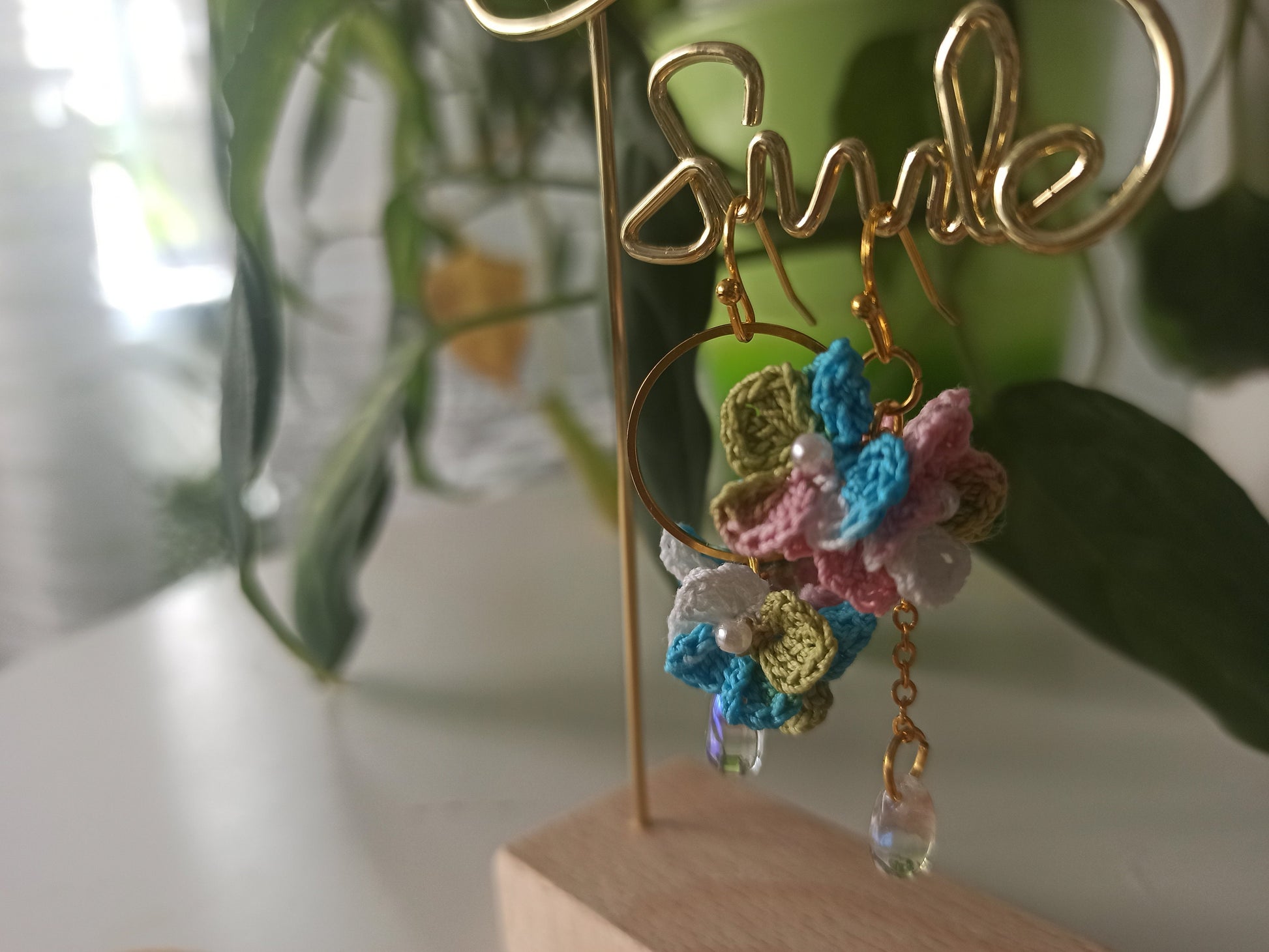 Asymmetrical hydrangea flower micro crochet earrings