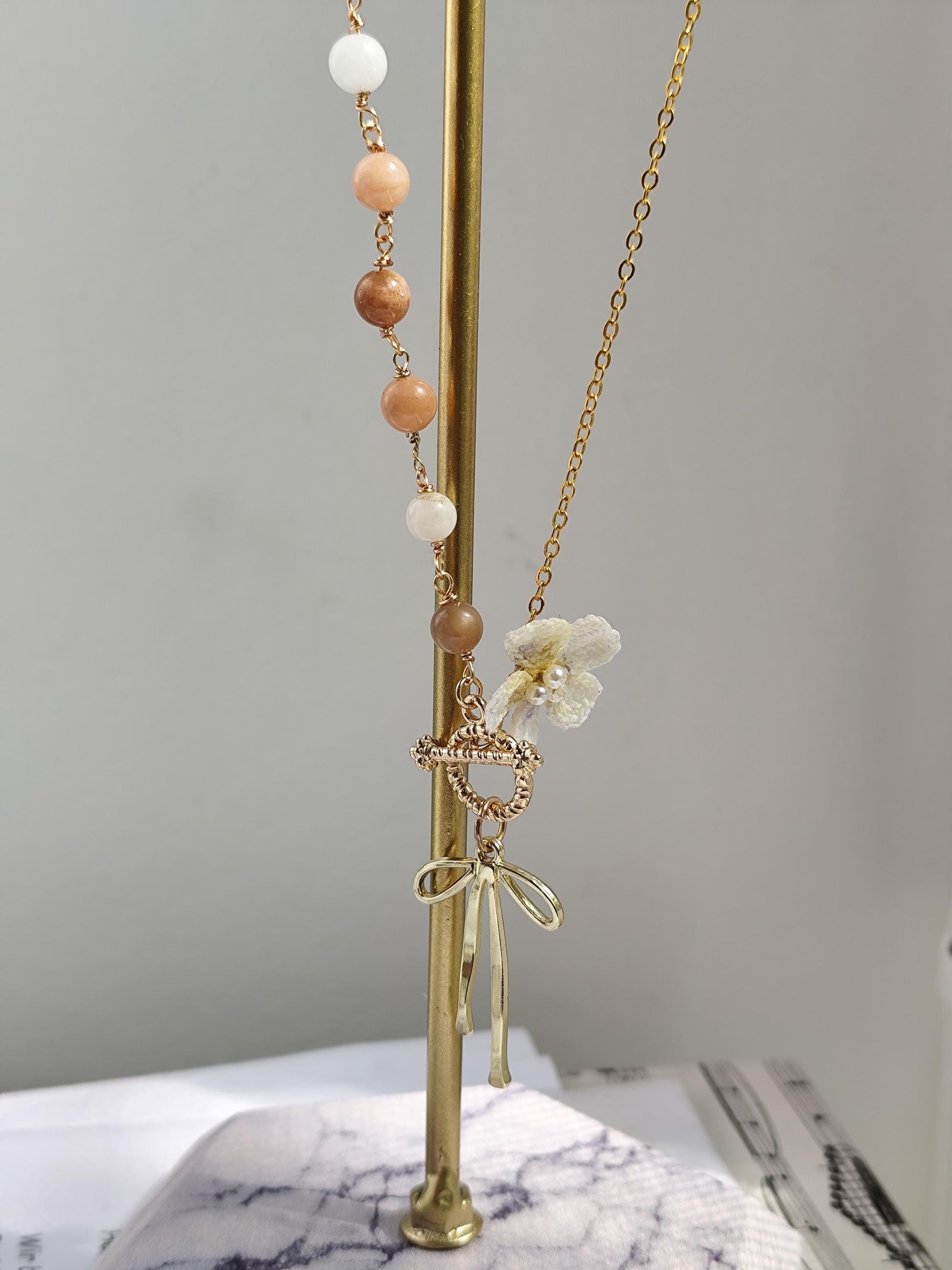 Handcrafted Micro Crochet Gemstone Jewelry Set: Blue Chalcedony, Moonstone, and Cherry Blossom flower