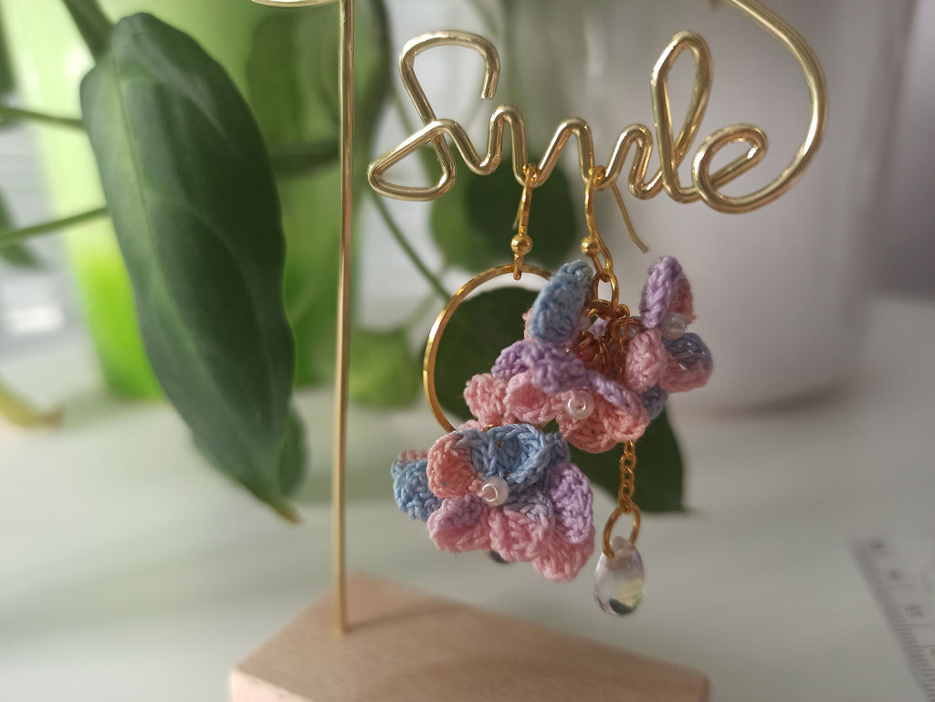 Asymmetrical hydrangea flower micro crochet earrings