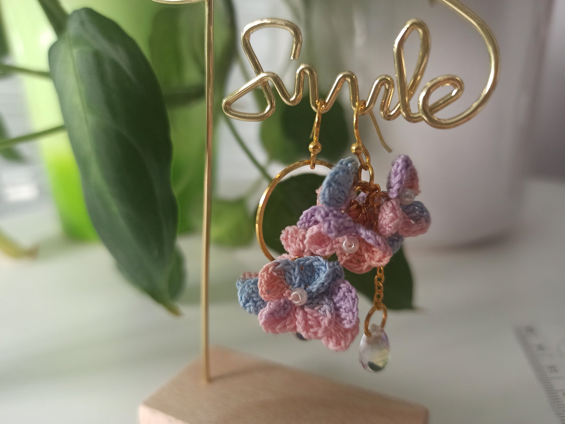 Asymmetrical hydrangea flower micro crochet earrings
