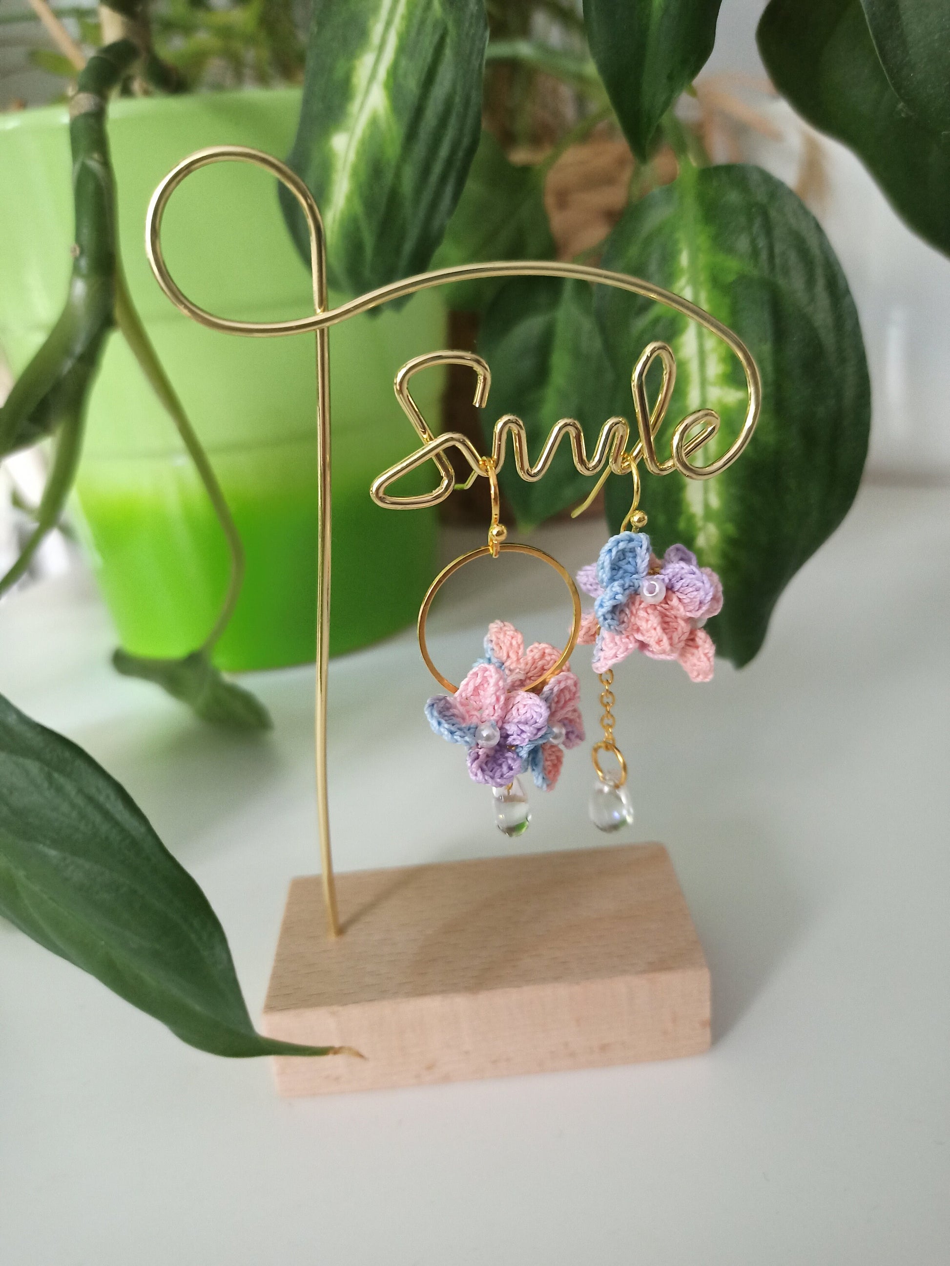 Asymmetrical hydrangea flower micro crochet earrings